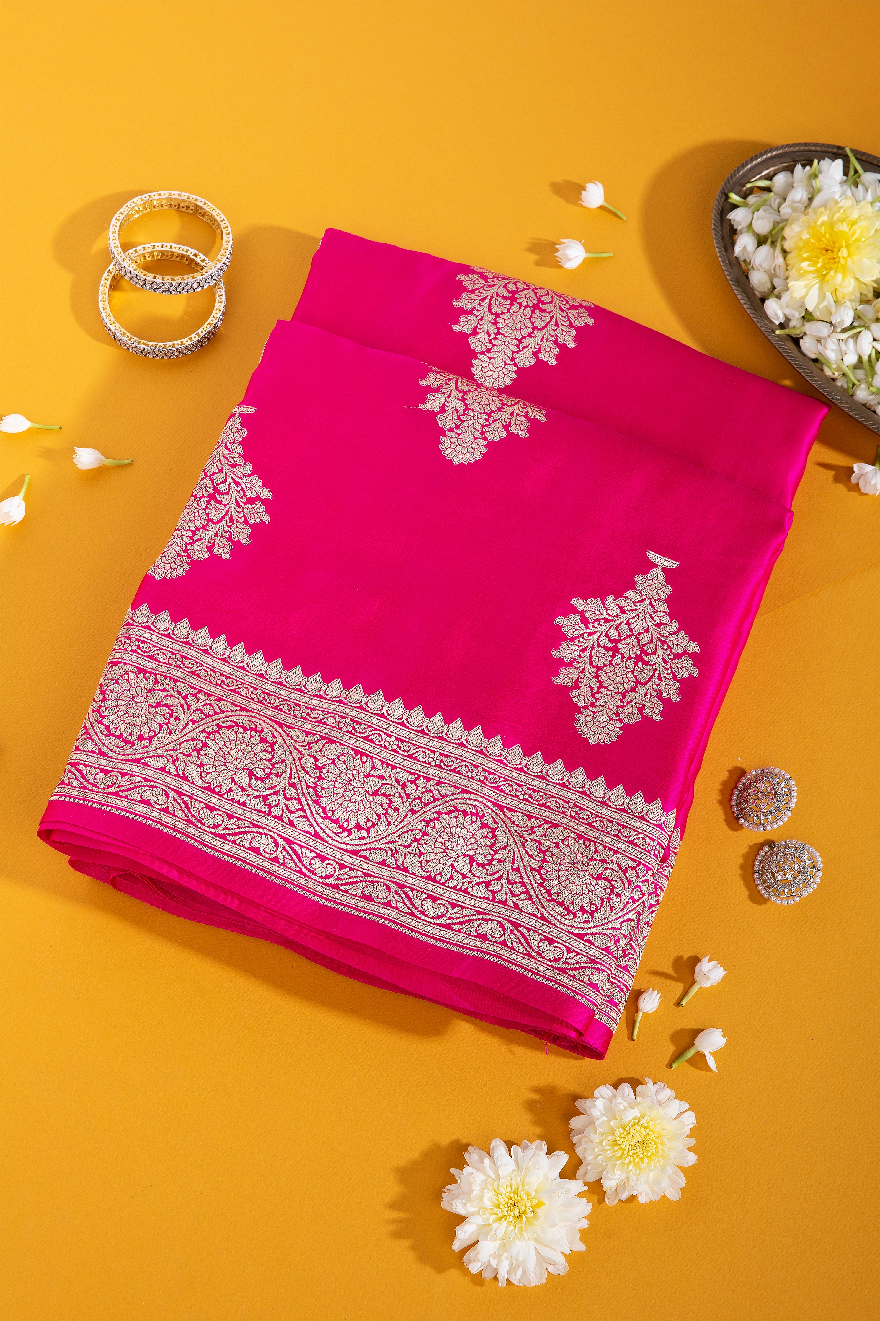 Rani Pink Banaras Satin Silk Saree - Mokshaa