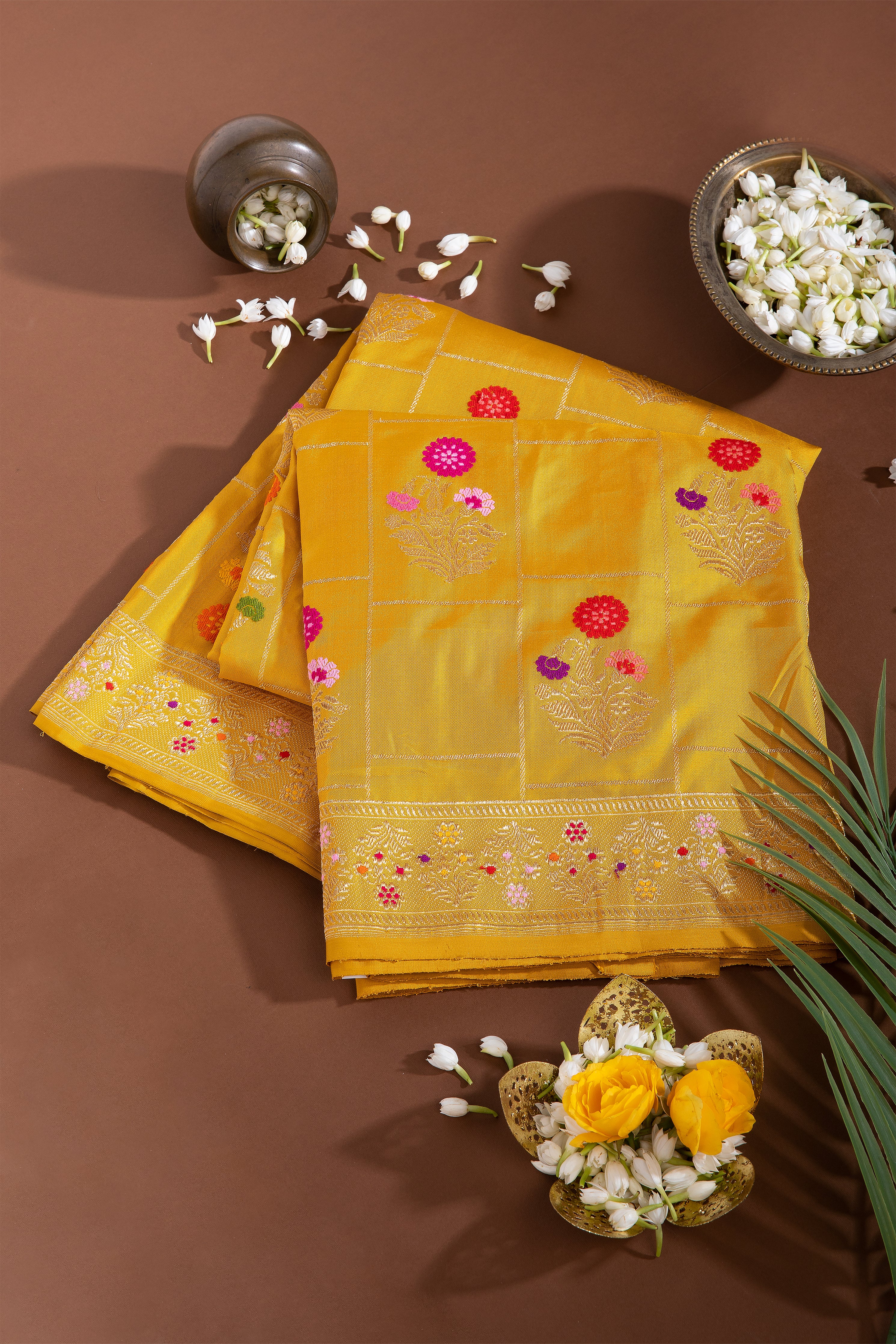 Mustard Banaras Silk Saree - Mokshaa