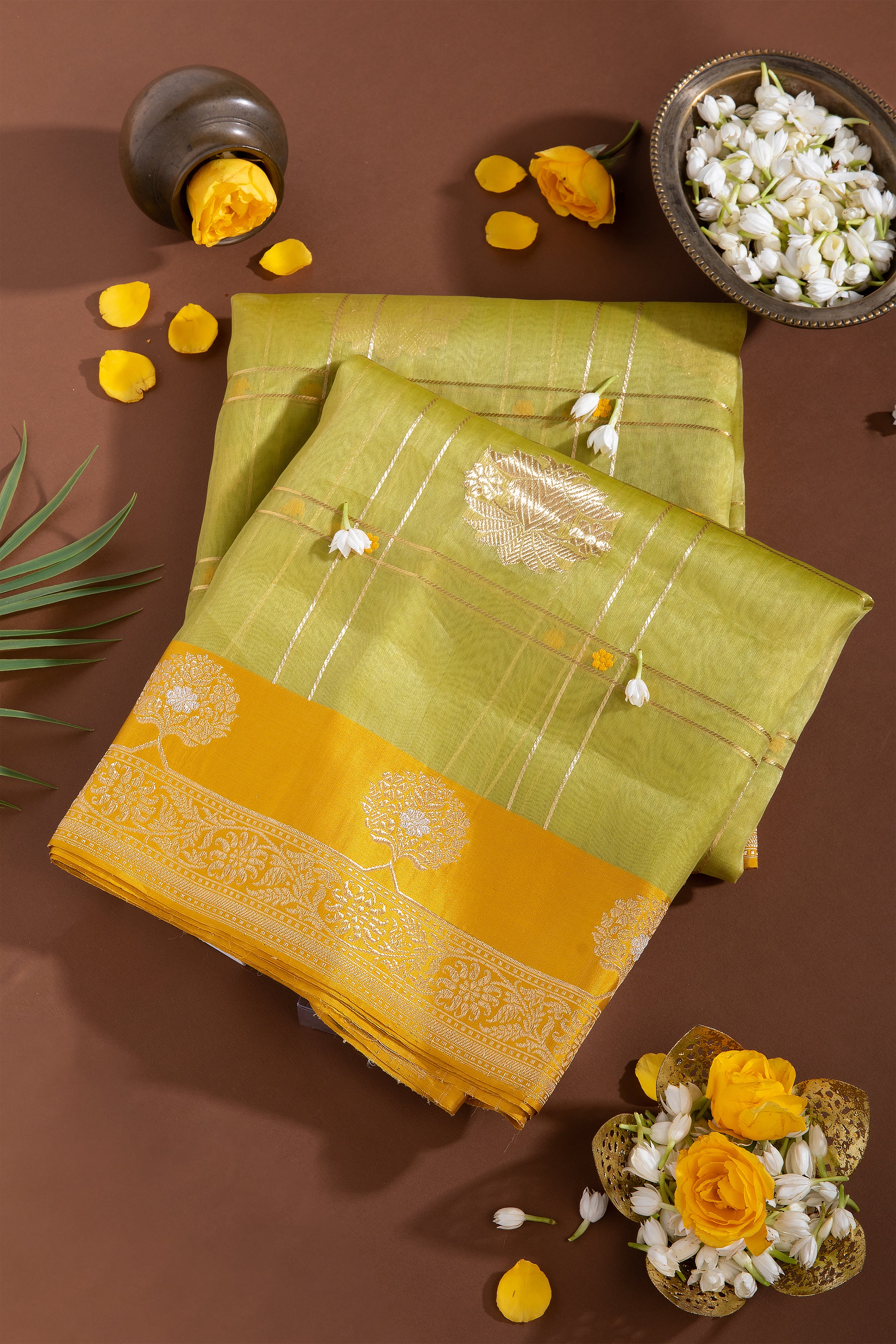 Pastel Green Banaras Kora Silk Saree - Mokshaa