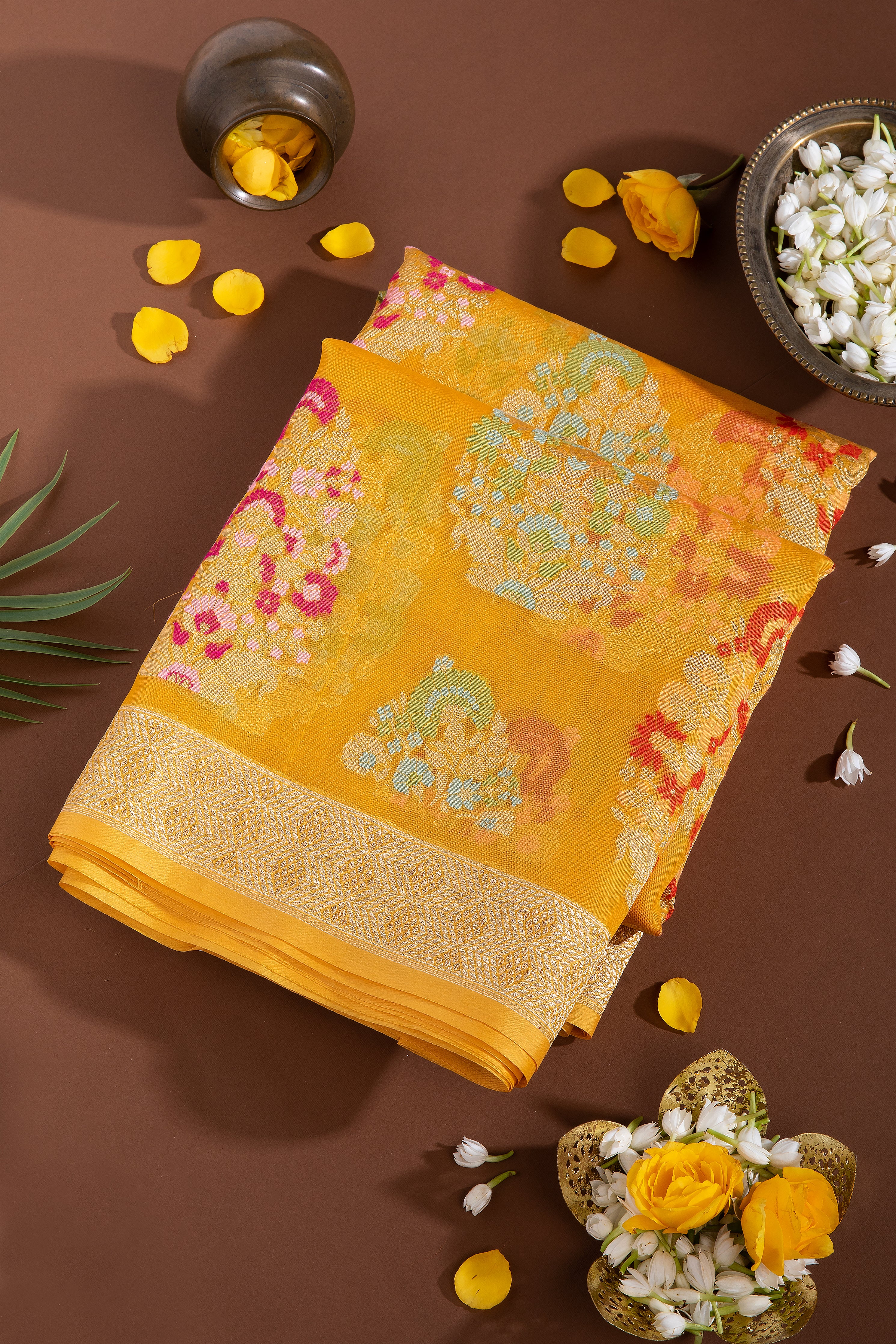 Mustard Banaras Kora Silk Saree - Mokshaa