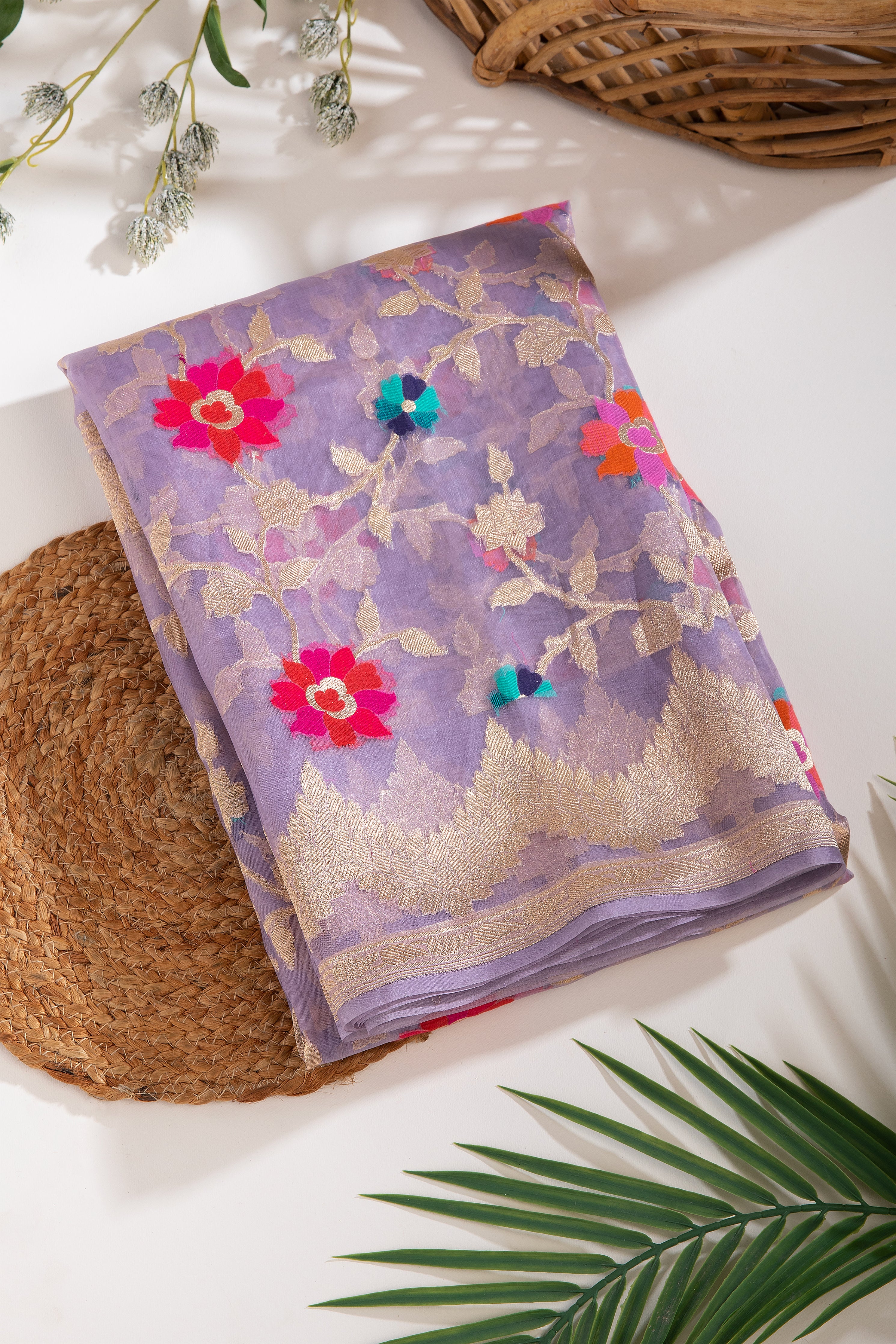 Soft Lavender Banaras Kora Silk Saree - Mokshaa