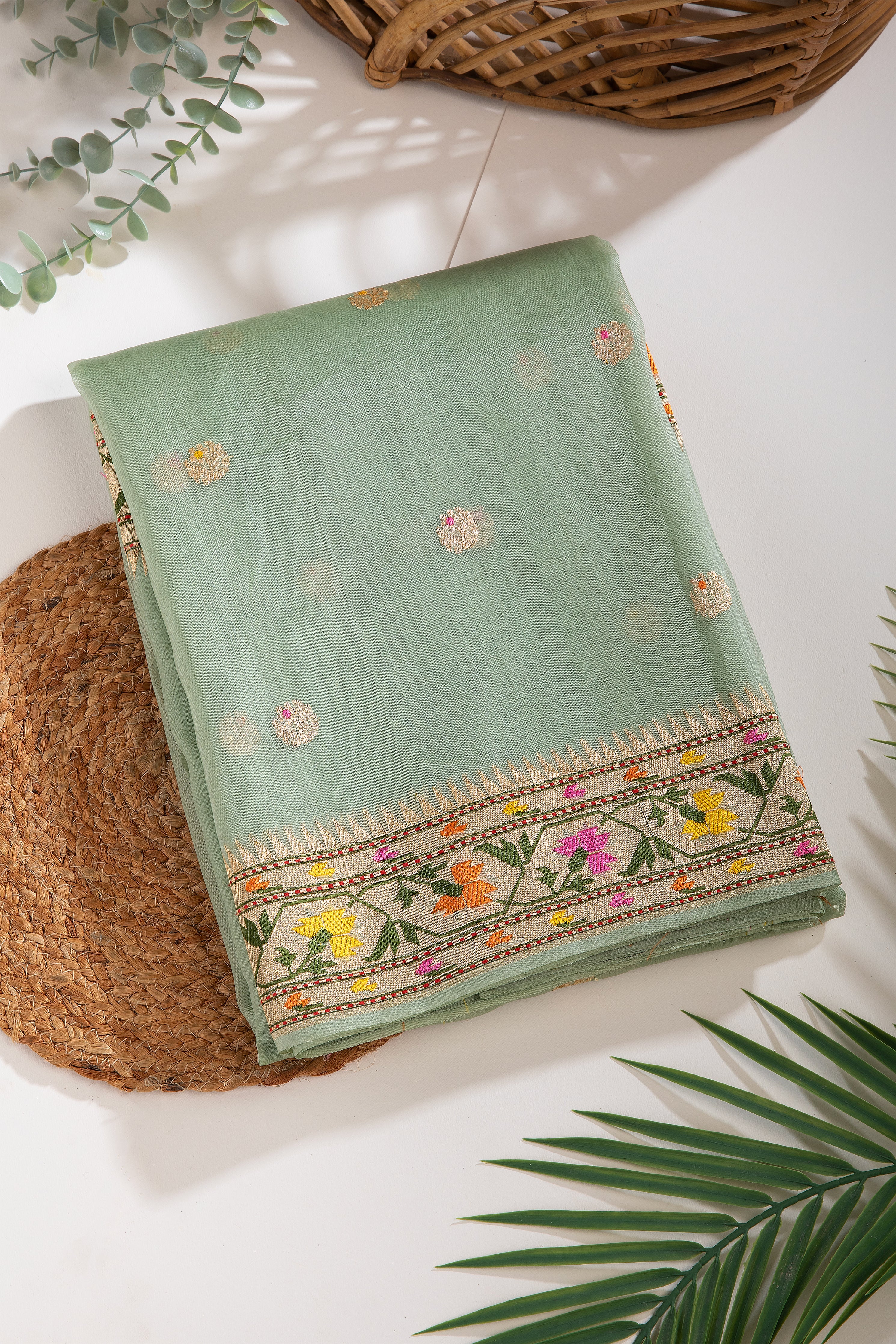 Powder green banaras kora silk saree