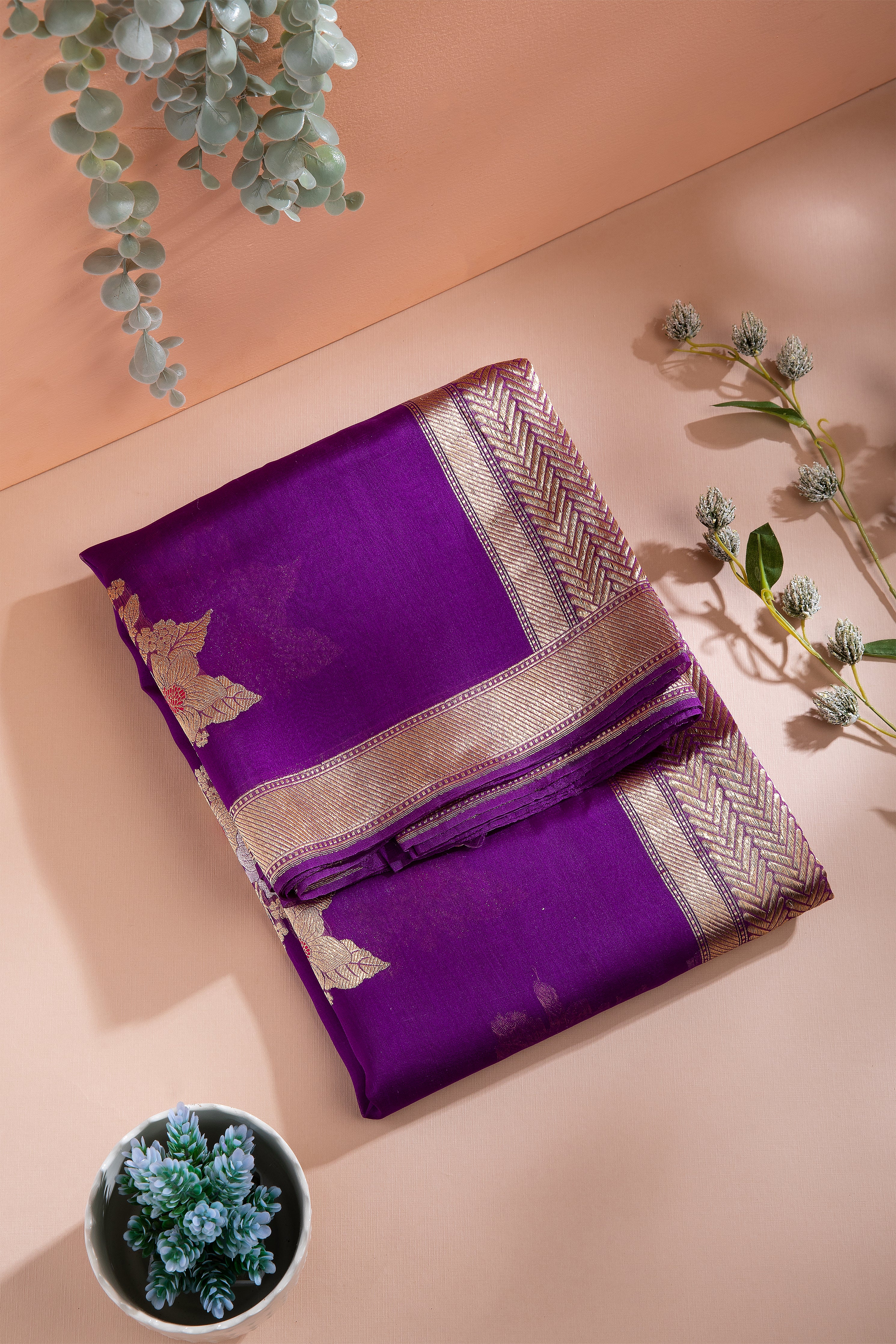 Deep Purple Banaras Kora Silk Saree - Mokshaa