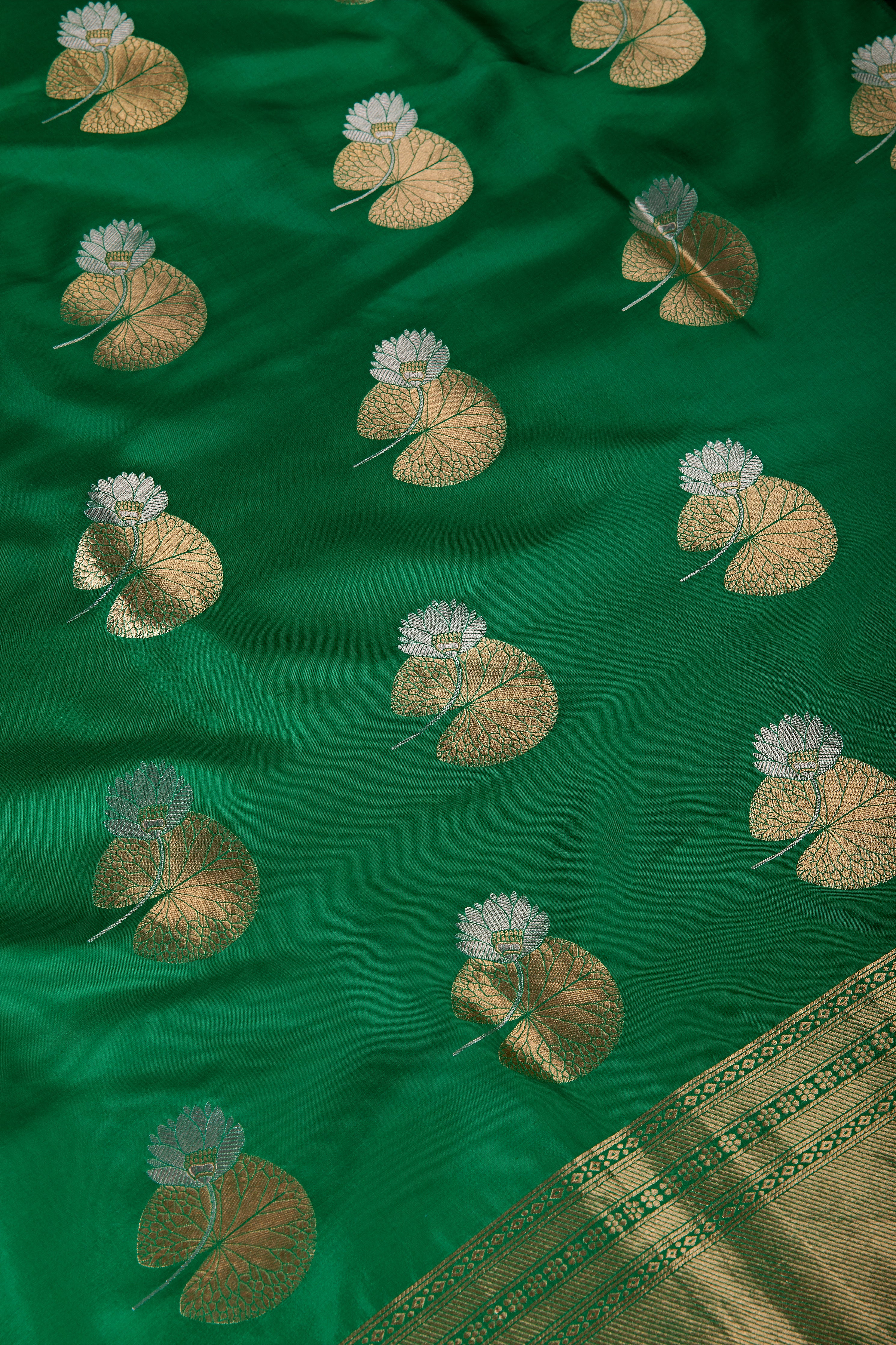 Emerald Green Banaras Satin Silk Saree - Mokshaa