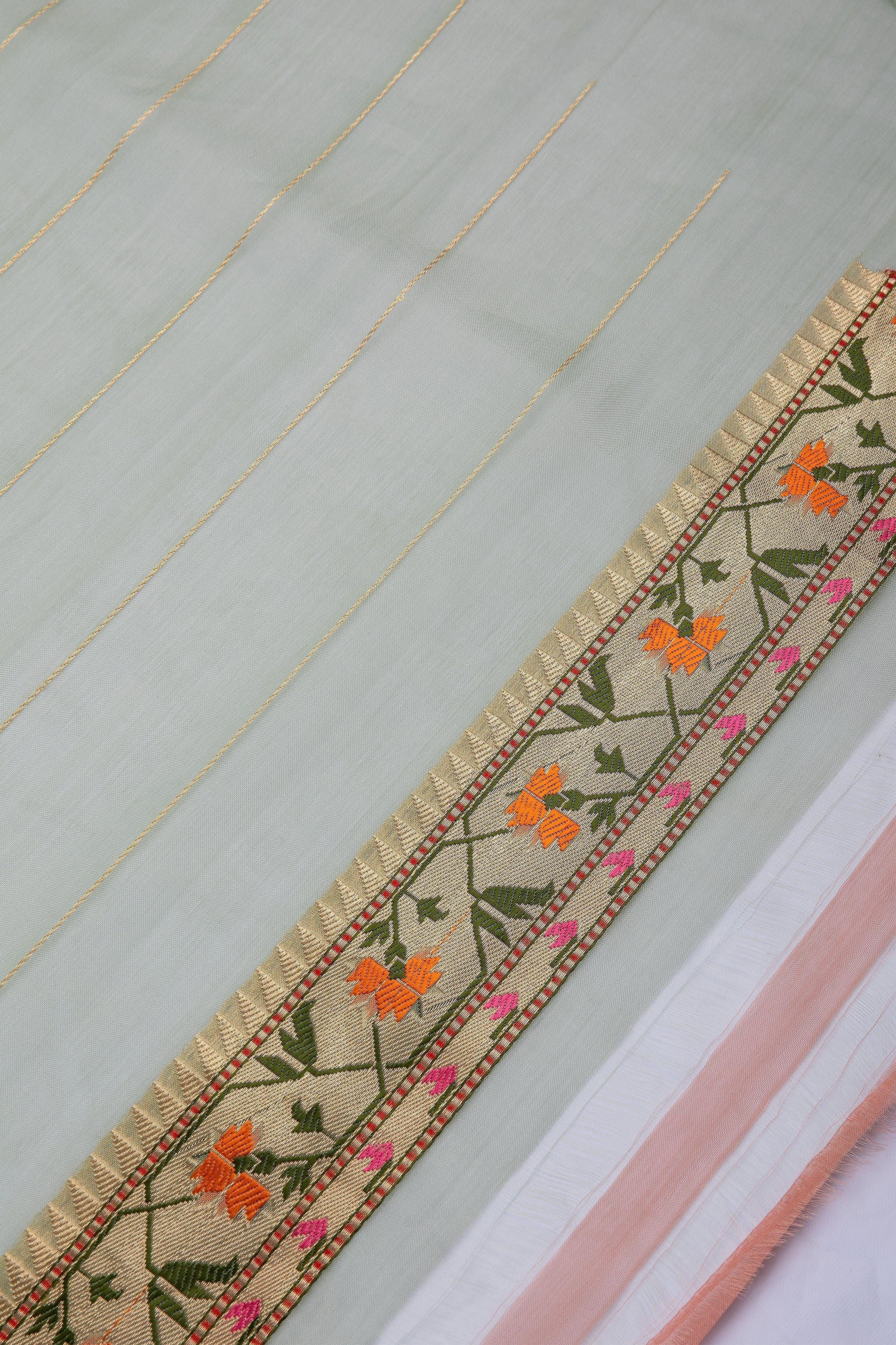 Powder Green Banaras Kora Silk Saree - Mokshaa
