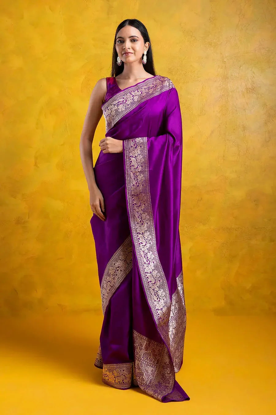 Purple Soft Banarasi Silk Saree with Zari Weaving Border - Mokshaa