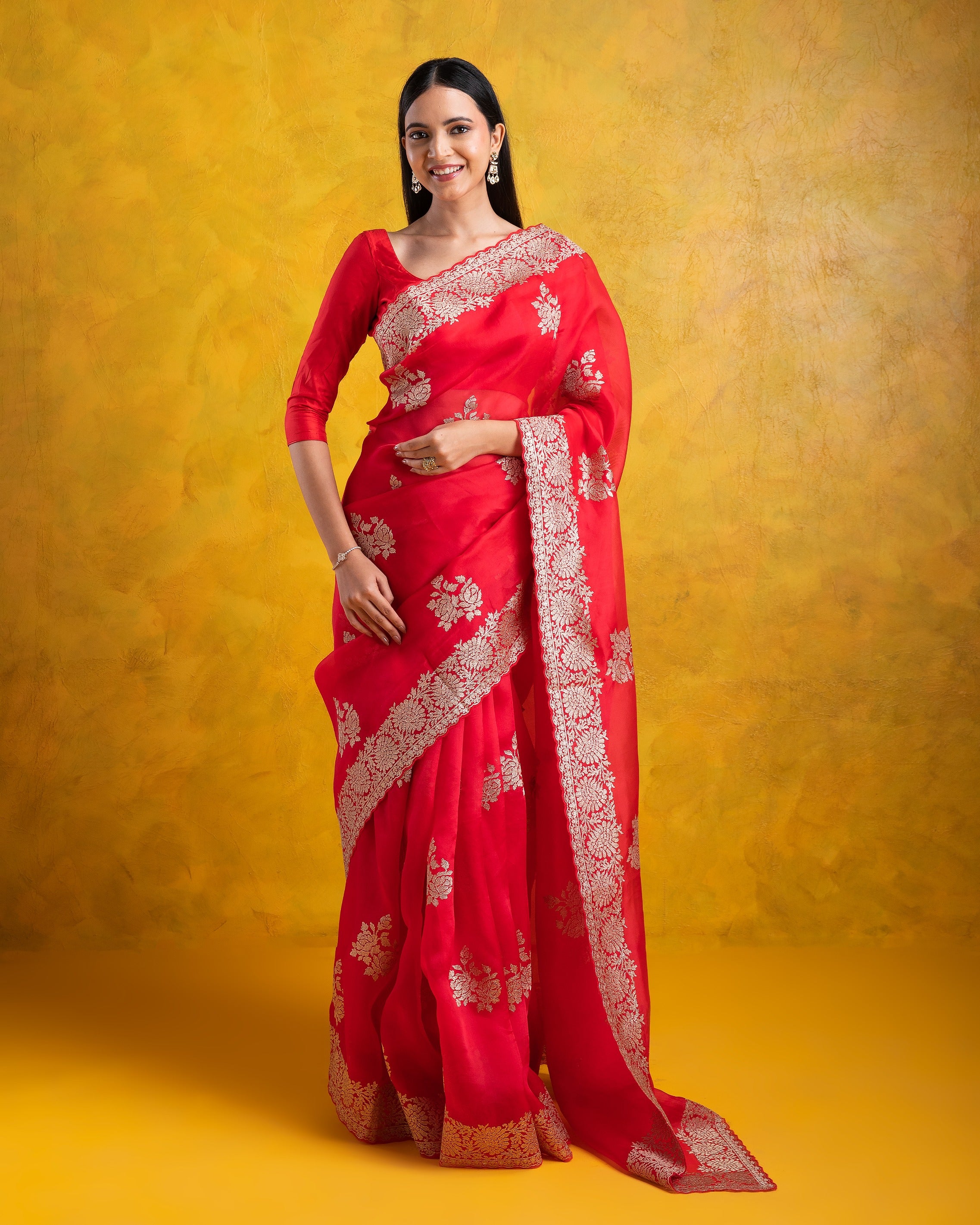 Red Organza Saree with all-over Aari Floral Motif and Scallop Border - Mokshaa