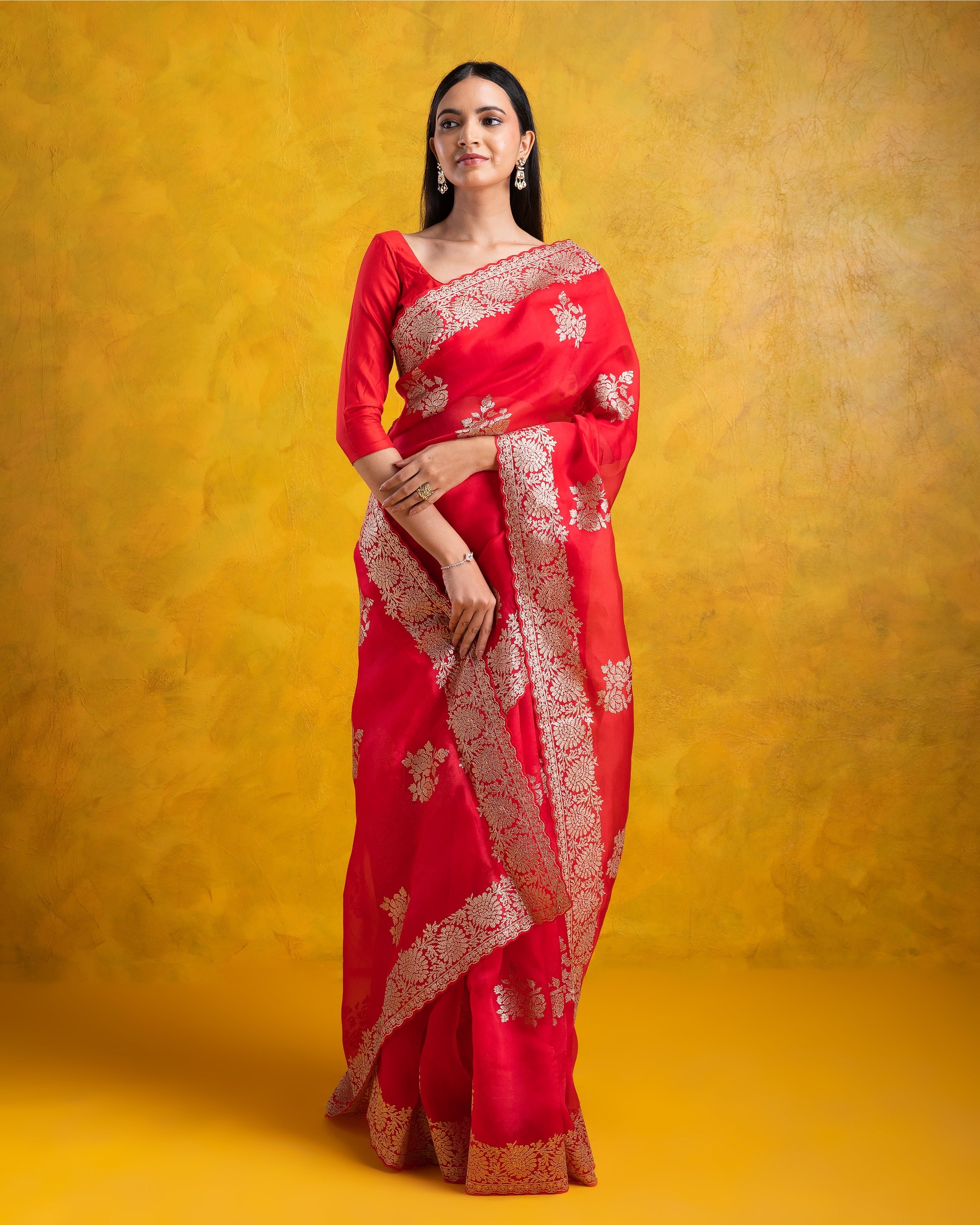 Red Organza Saree with all-over Aari Floral Motif and Scallop Border - Mokshaa