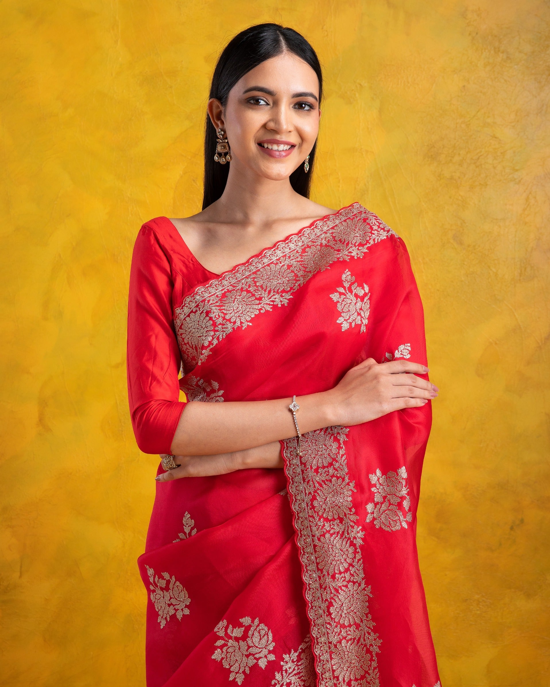 Red Organza Saree with all-over Aari Floral Motif and Scallop Border - Mokshaa