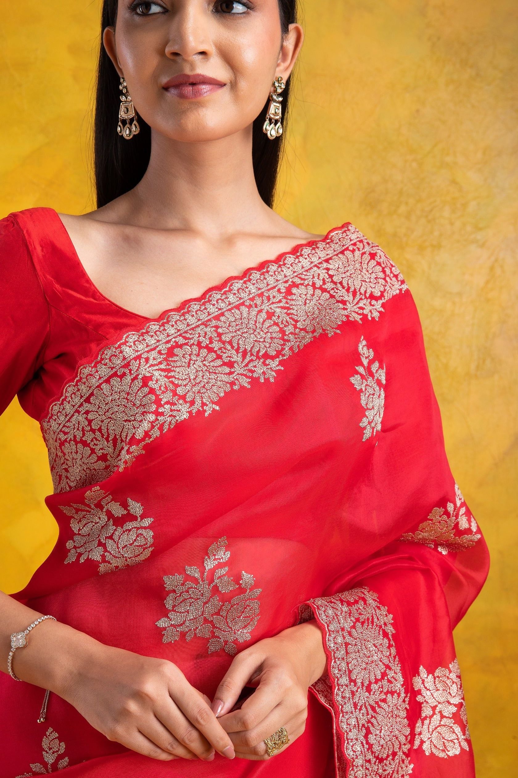 Red Organza Saree with all-over Aari Floral Motif and Scallop Border - Mokshaa