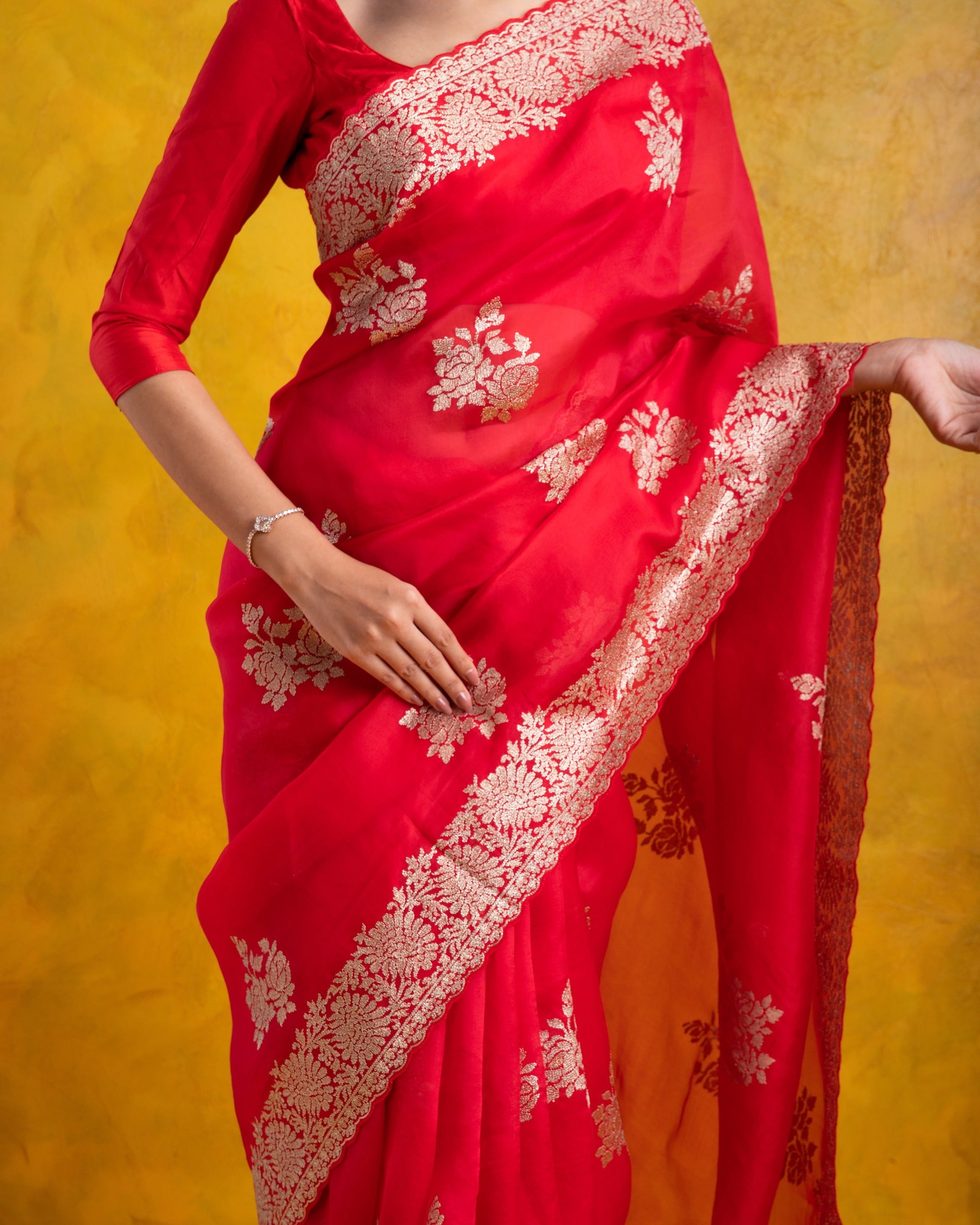 Red Organza Saree with all-over Aari Floral Motif and Scallop Border - Mokshaa