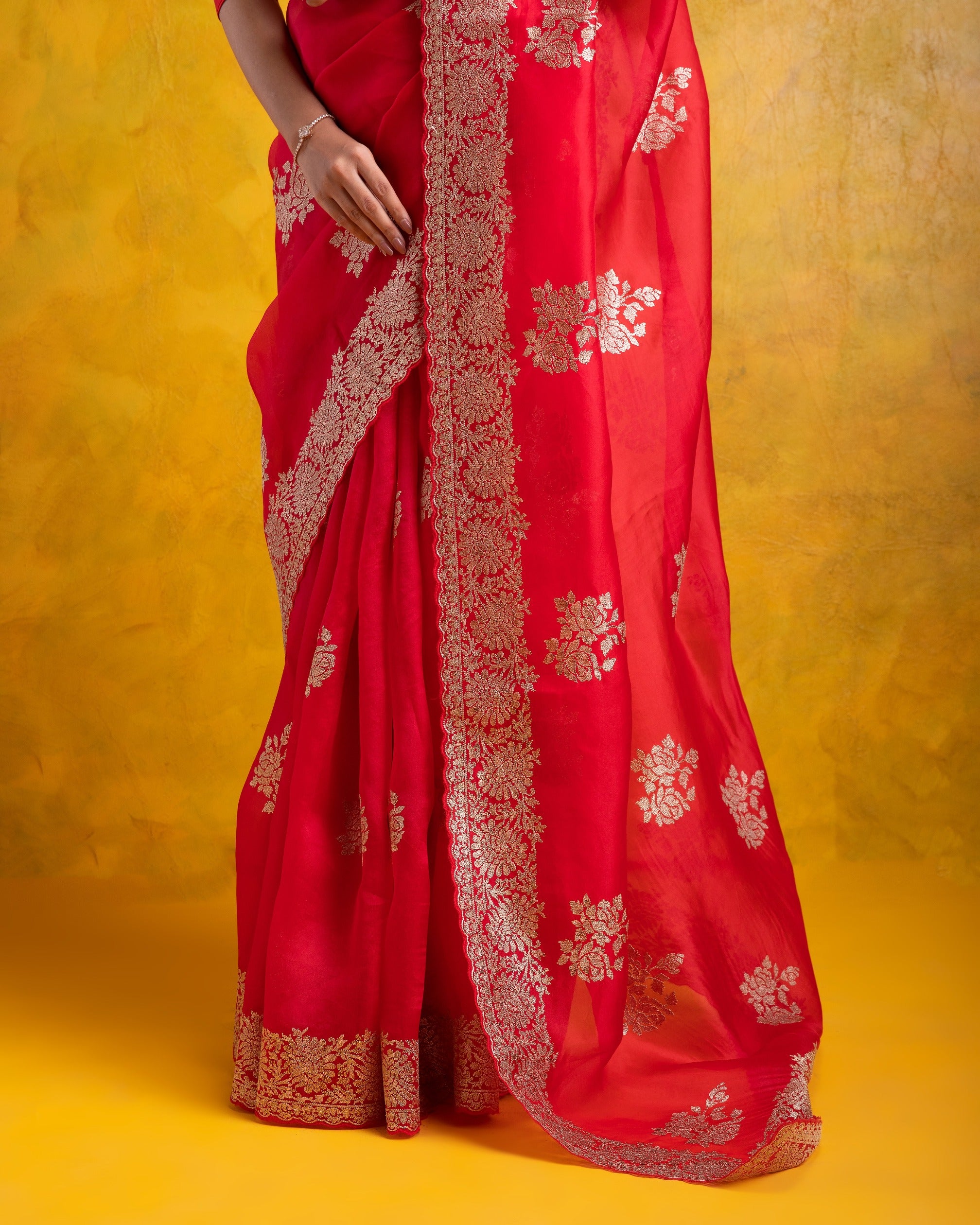 Red Organza Saree with all-over Aari Floral Motif and Scallop Border - Mokshaa