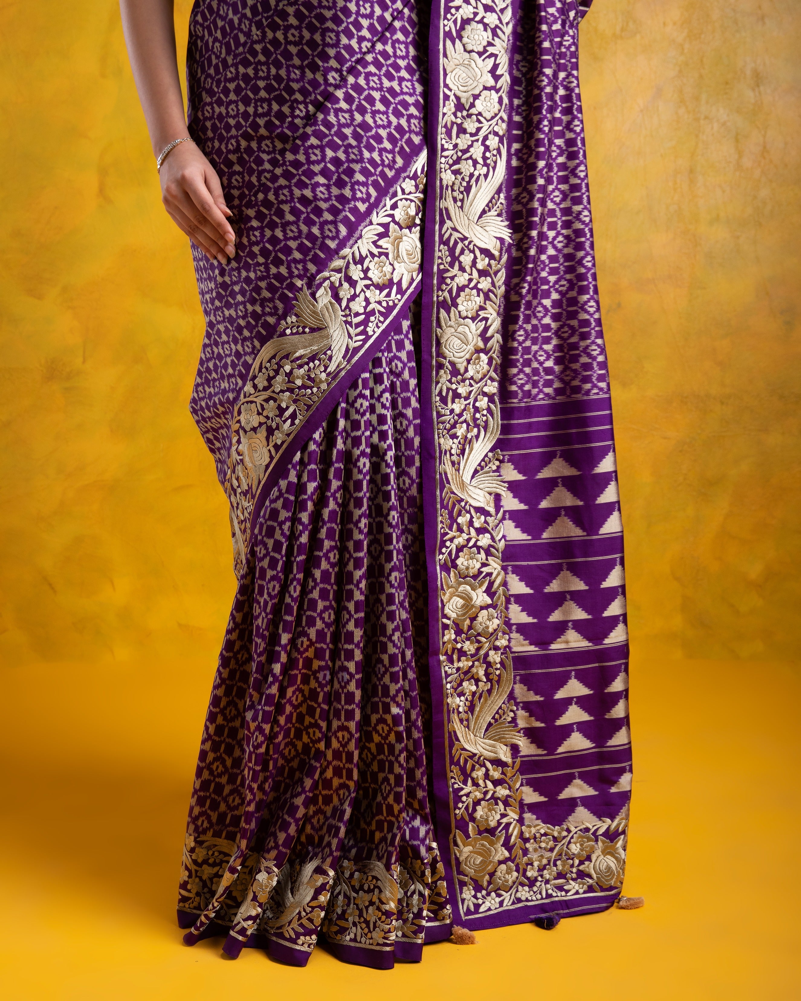 Purple Ikkat Silk Saree with Parsi Embroidery Border - Mokshaa