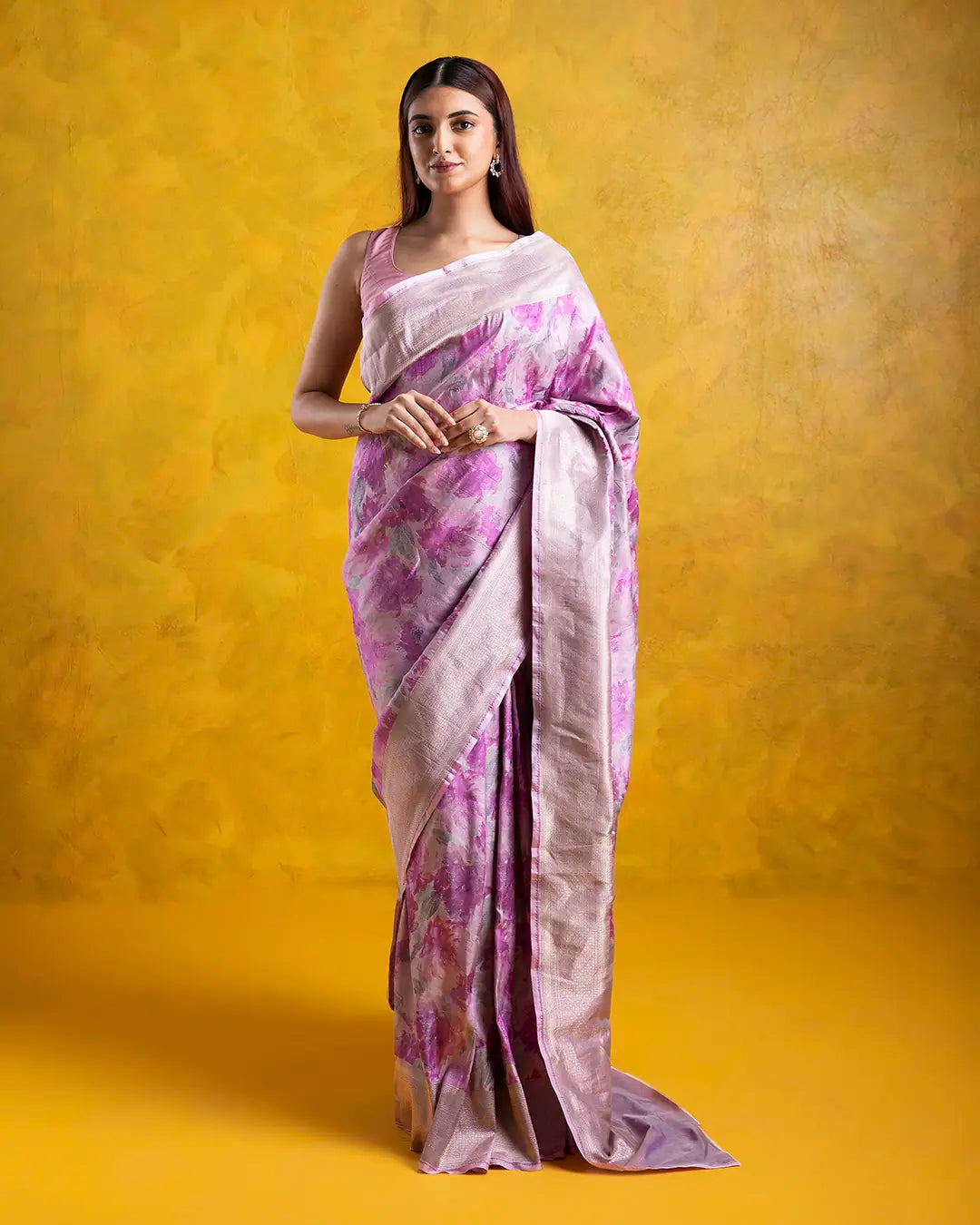 Light Lavender Banarasi Silk Saree with Digital Floral Weaving and Zari Border - Mokshaa