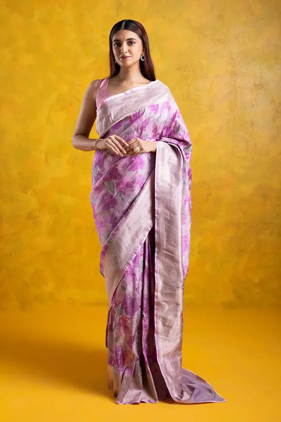 Light Lavender Banarasi Silk Saree with Digital Floral Weaving and Zari Border - Mokshaa