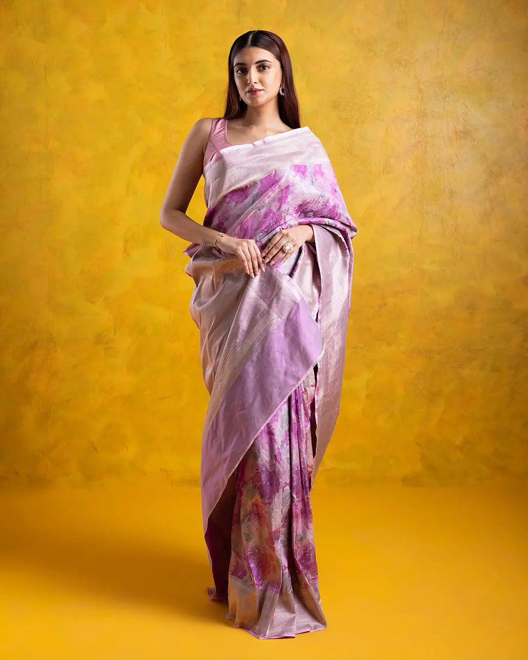 Light Lavender Banarasi Silk Saree with Digital Floral Weaving and Zari Border - Mokshaa