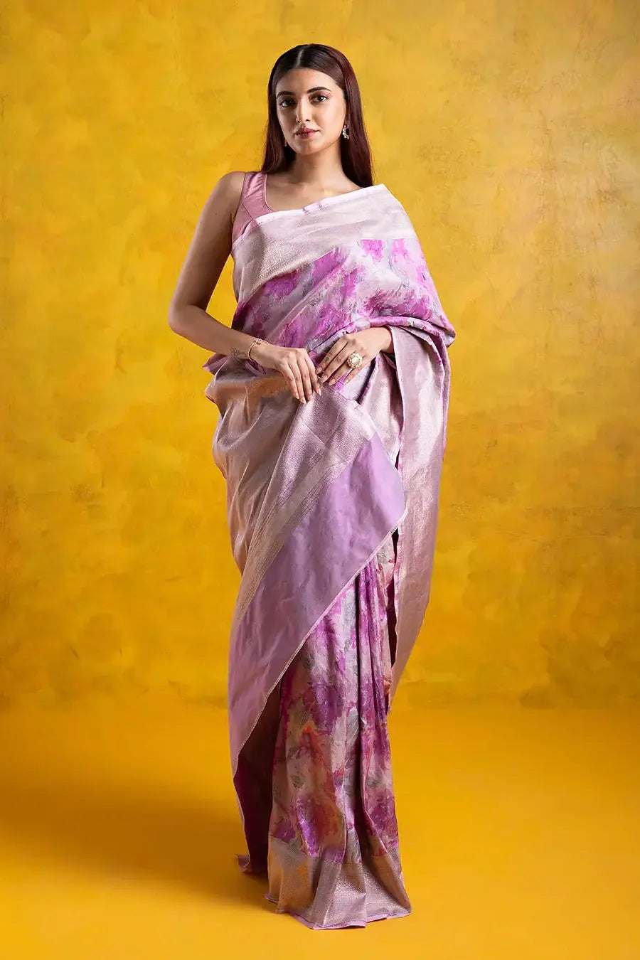 Light Lavender Banarasi Silk Saree with Digital Floral Weaving and Zari Border - Mokshaa