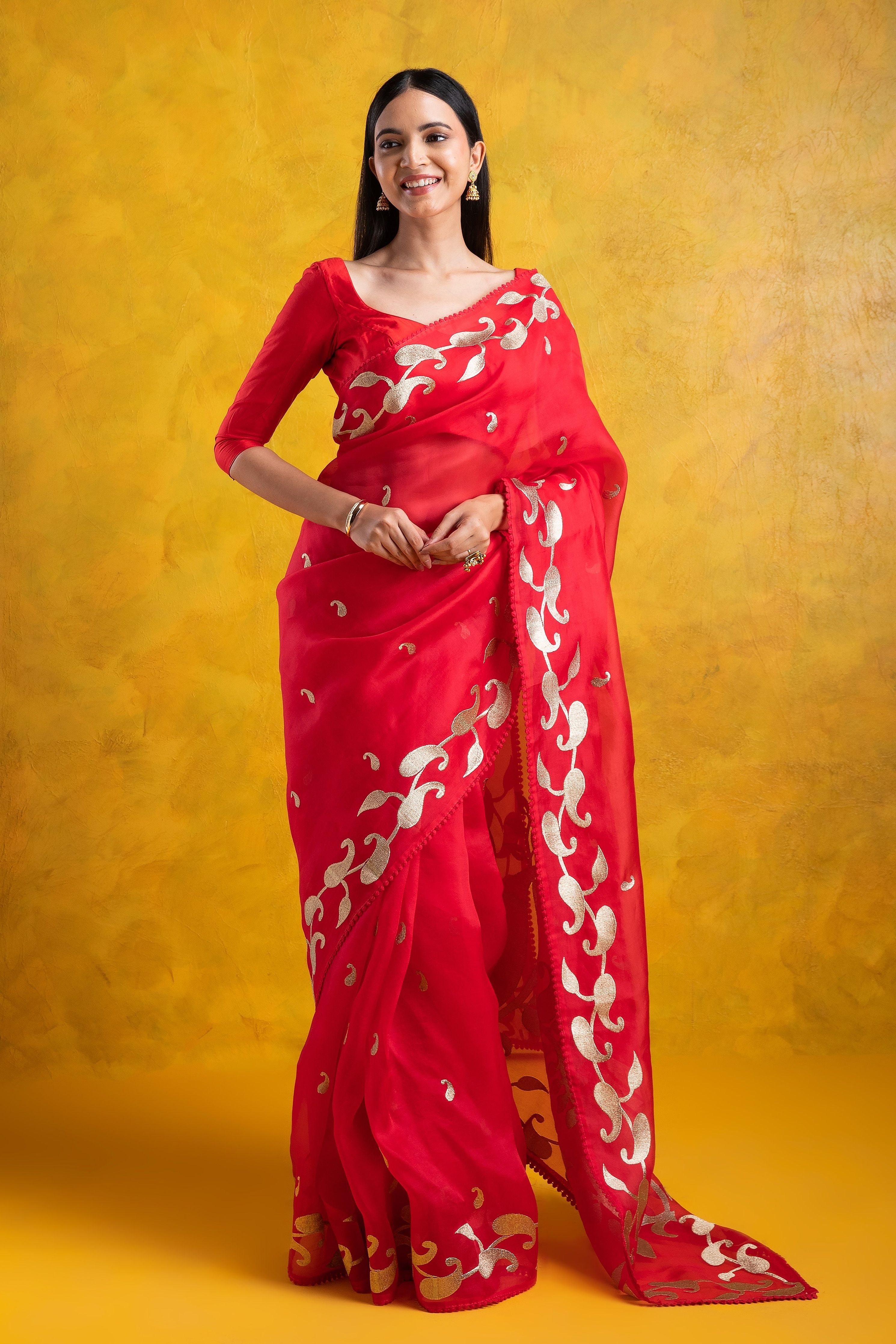 Red Organza Saree with all-over Aari Floral Motif and Scallop Border - Mokshaa