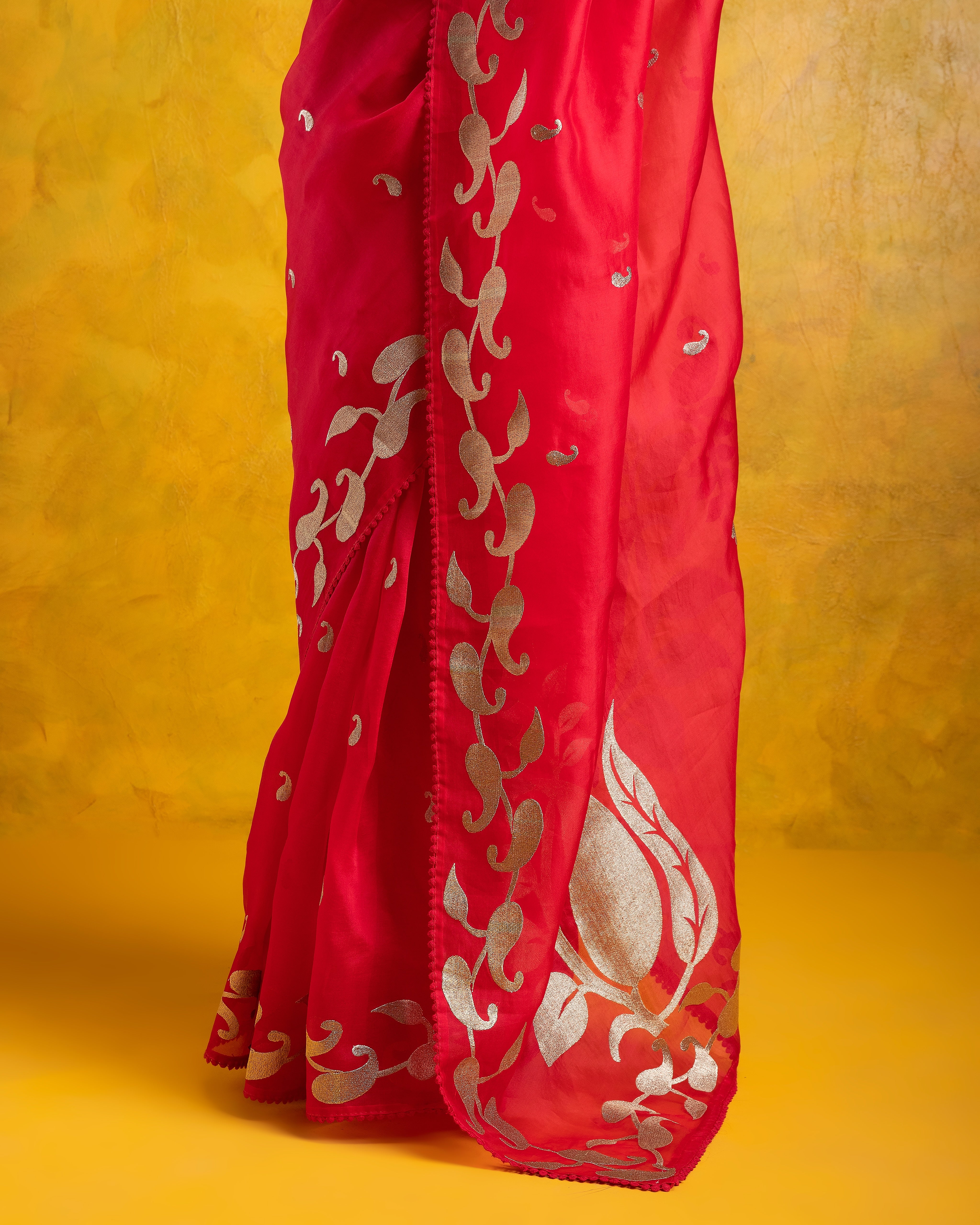 Red Organza Saree with all-over Aari Floral Motif and Scallop Border - Mokshaa