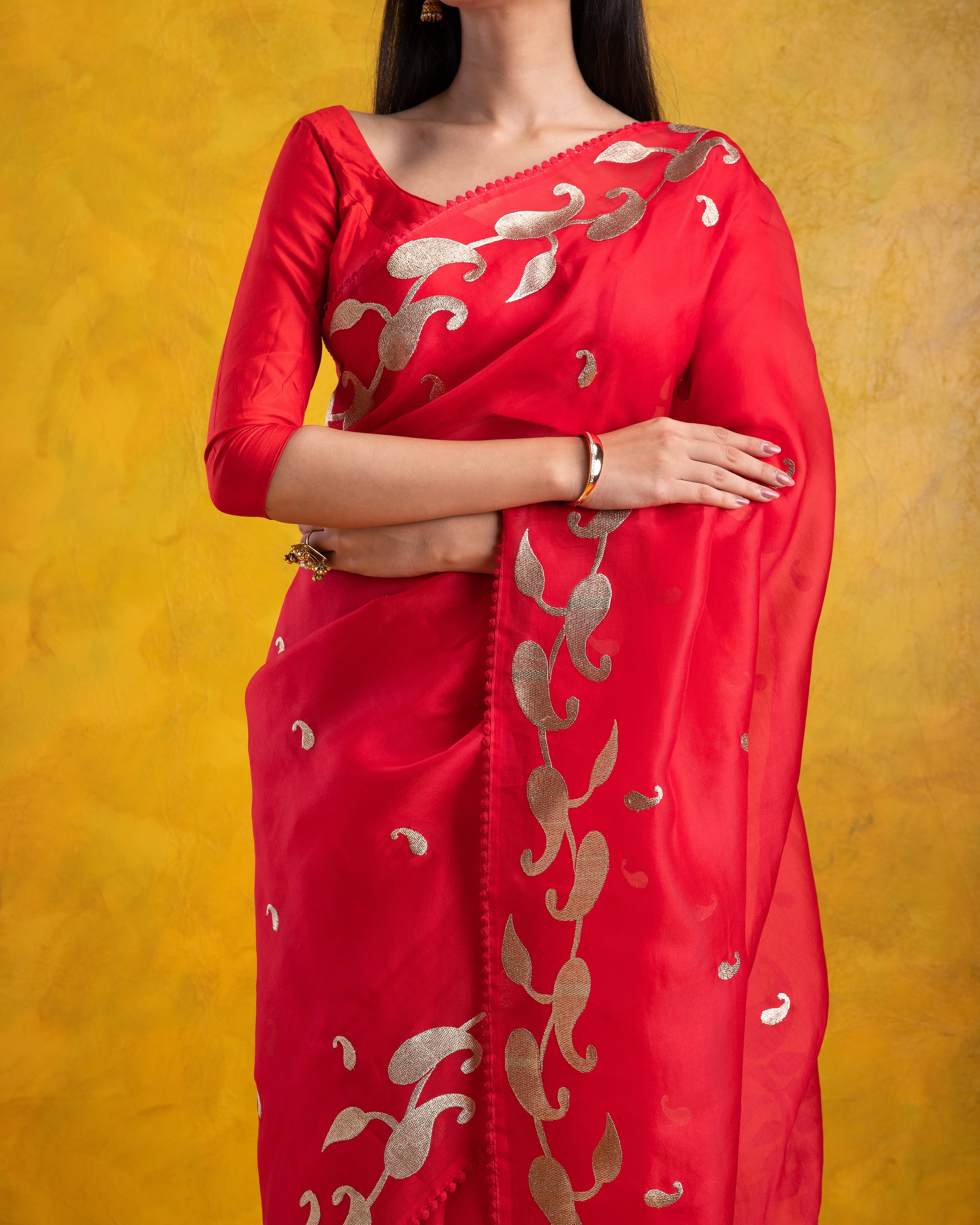 Red Organza Saree with all-over Aari Floral Motif and Scallop Border - Mokshaa