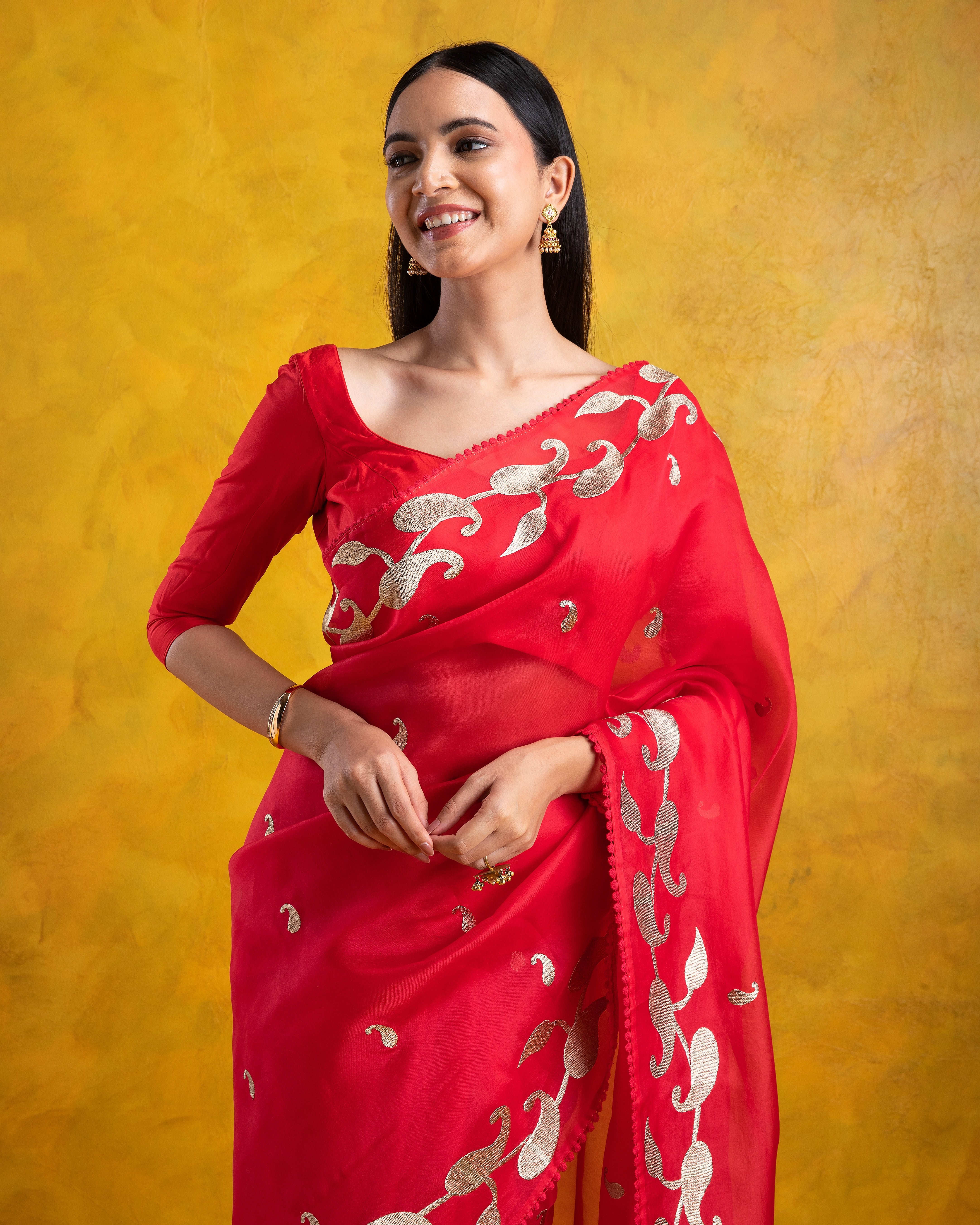 Red Organza Saree with all-over Aari Floral Motif and Scallop Border - Mokshaa