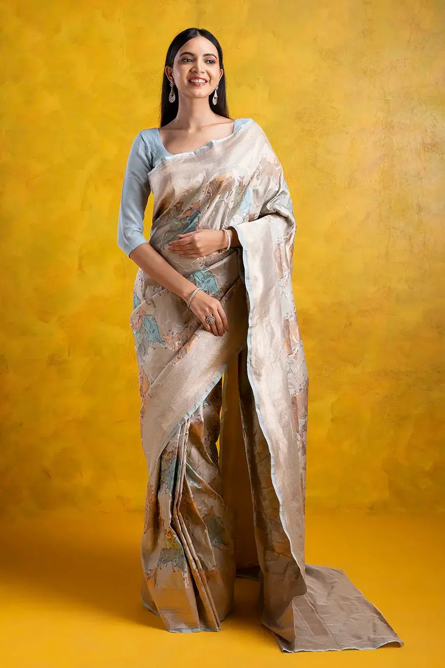 Abalone Grey Banarasi Silk Saree with Digital Weaving and Contrast Brocade Blouse - Mokshaa