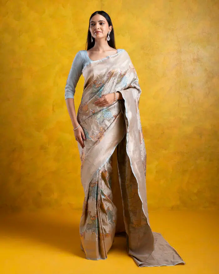 Abalone Grey Banarasi Silk Saree with Digital Weaving and Contrast Brocade Blouse - Mokshaa