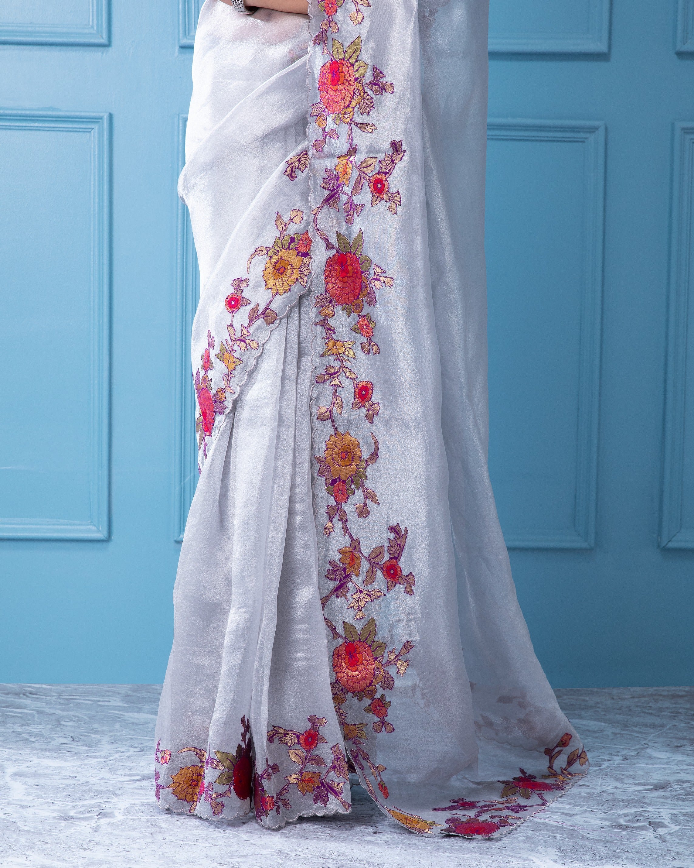 Shimmer Grey Organza Tissue Saree with Applique Border Work - Mokshaa