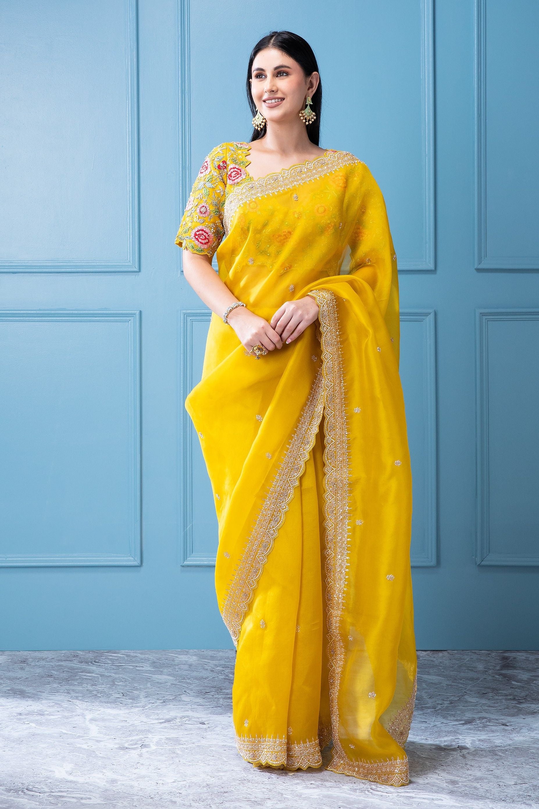 Bright Yellow Organza Saree with Beads, Sequins, and Pearl Motif with Scallop Border - Mokshaa