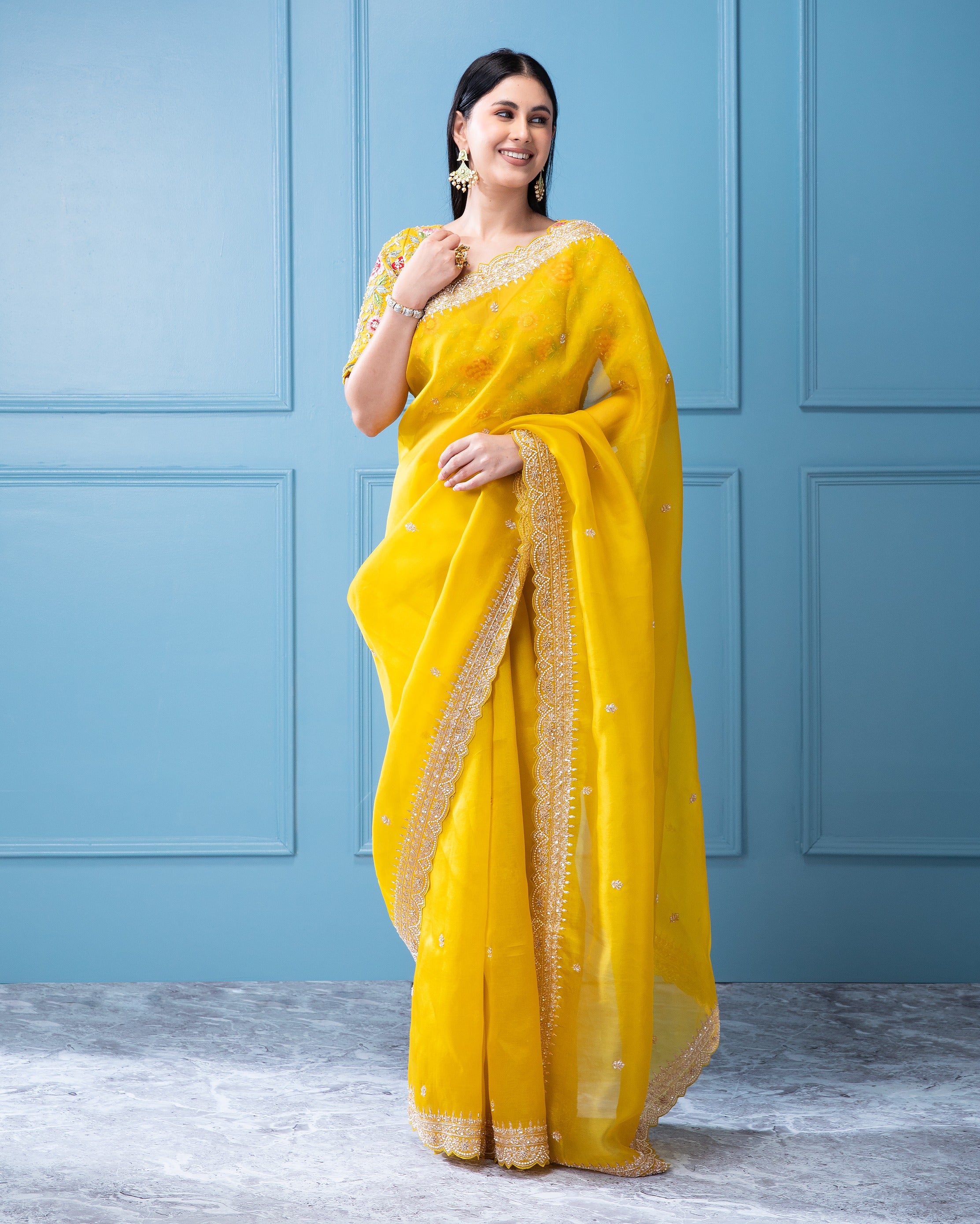 Bright Yellow Organza Saree with Beads, Sequins, and Pearl Motif with Scallop Border - Mokshaa