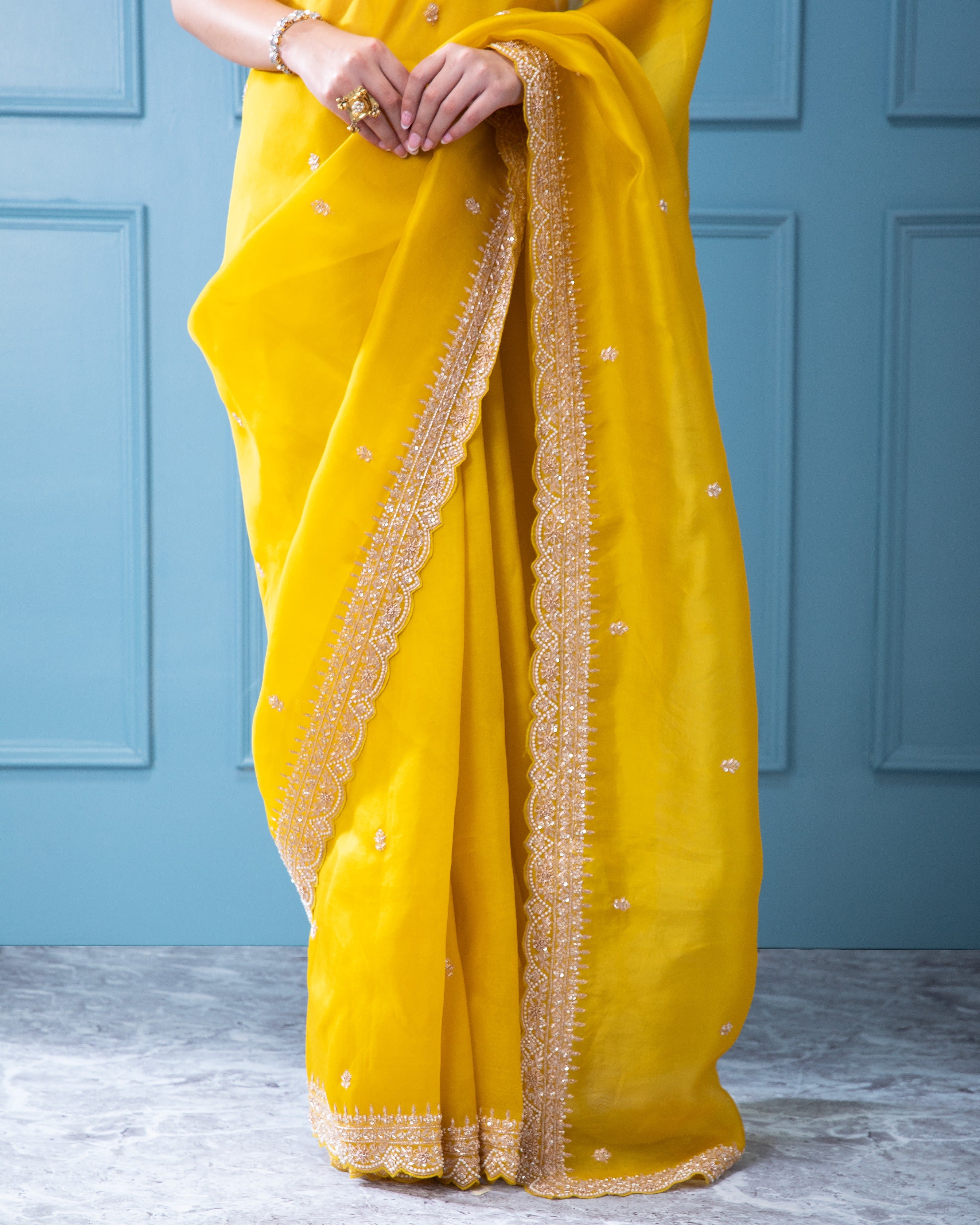 Bright Yellow Organza Saree with Beads, Sequins, and Pearl Motif with Scallop Border - Mokshaa