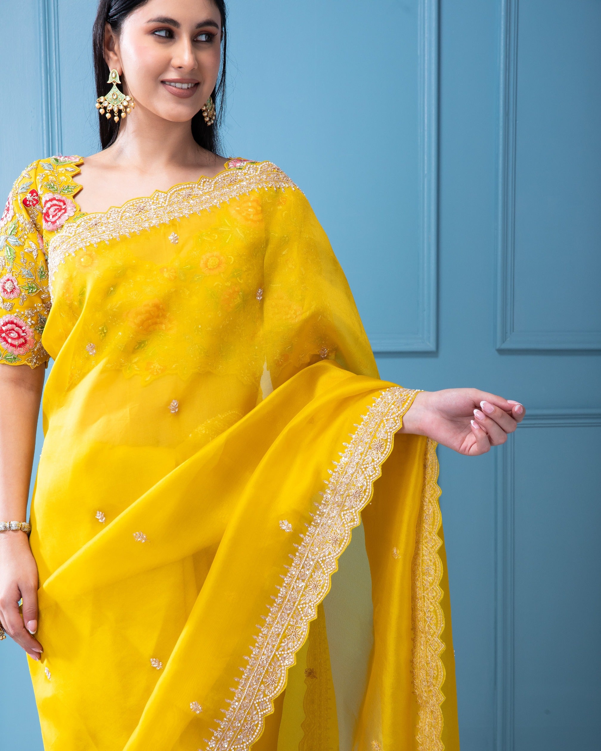 Bright Yellow Organza Saree with Beads, Sequins, and Pearl Motif with Scallop Border - Mokshaa