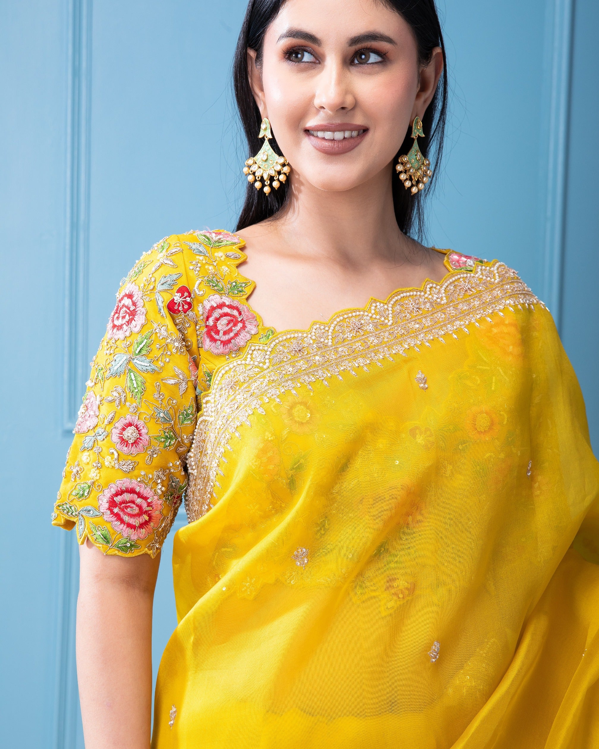 Bright Yellow Organza Saree with Beads, Sequins, and Pearl Motif with Scallop Border - Mokshaa