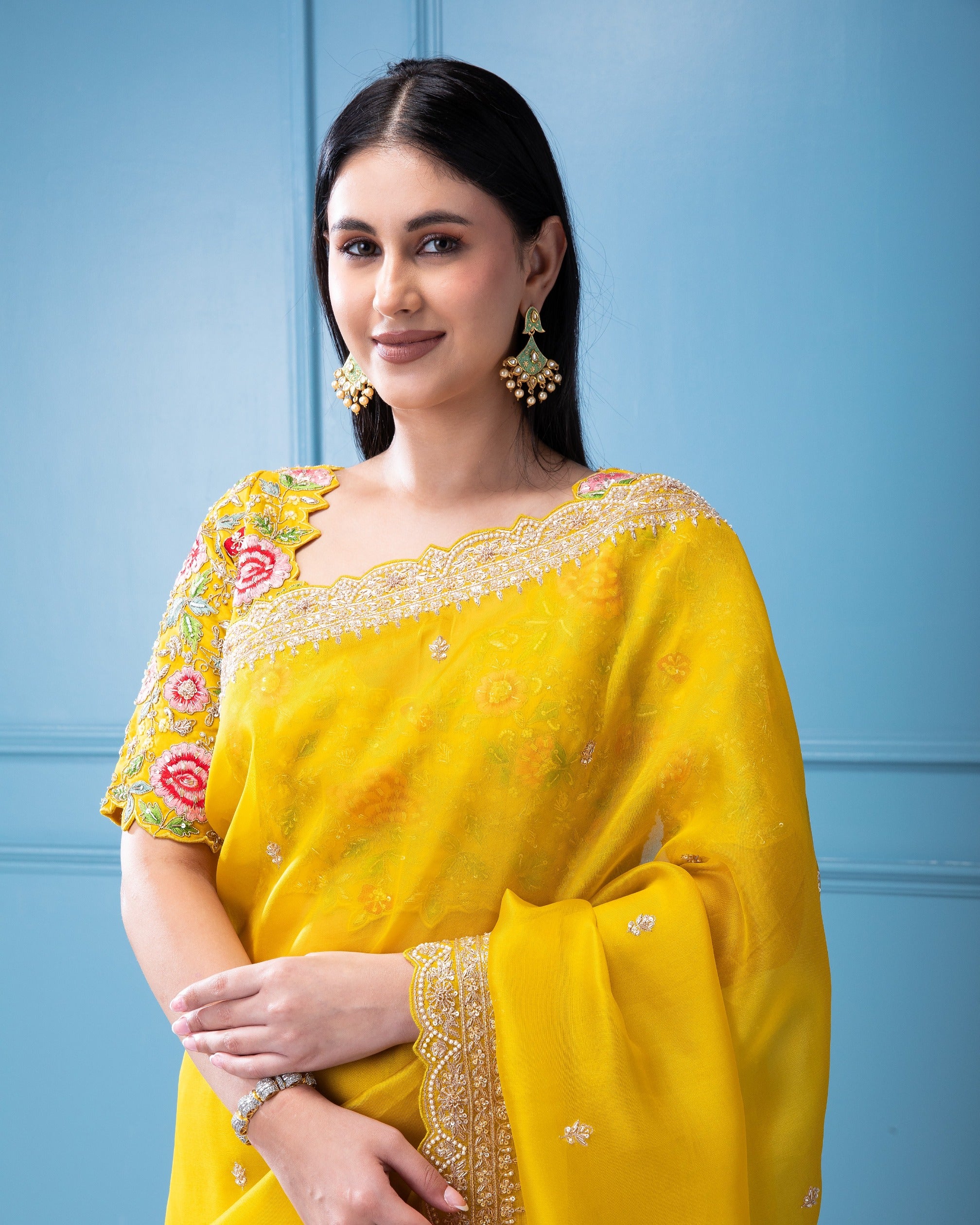 Bright Yellow Organza Saree with Beads, Sequins, and Pearl Motif with Scallop Border - Mokshaa