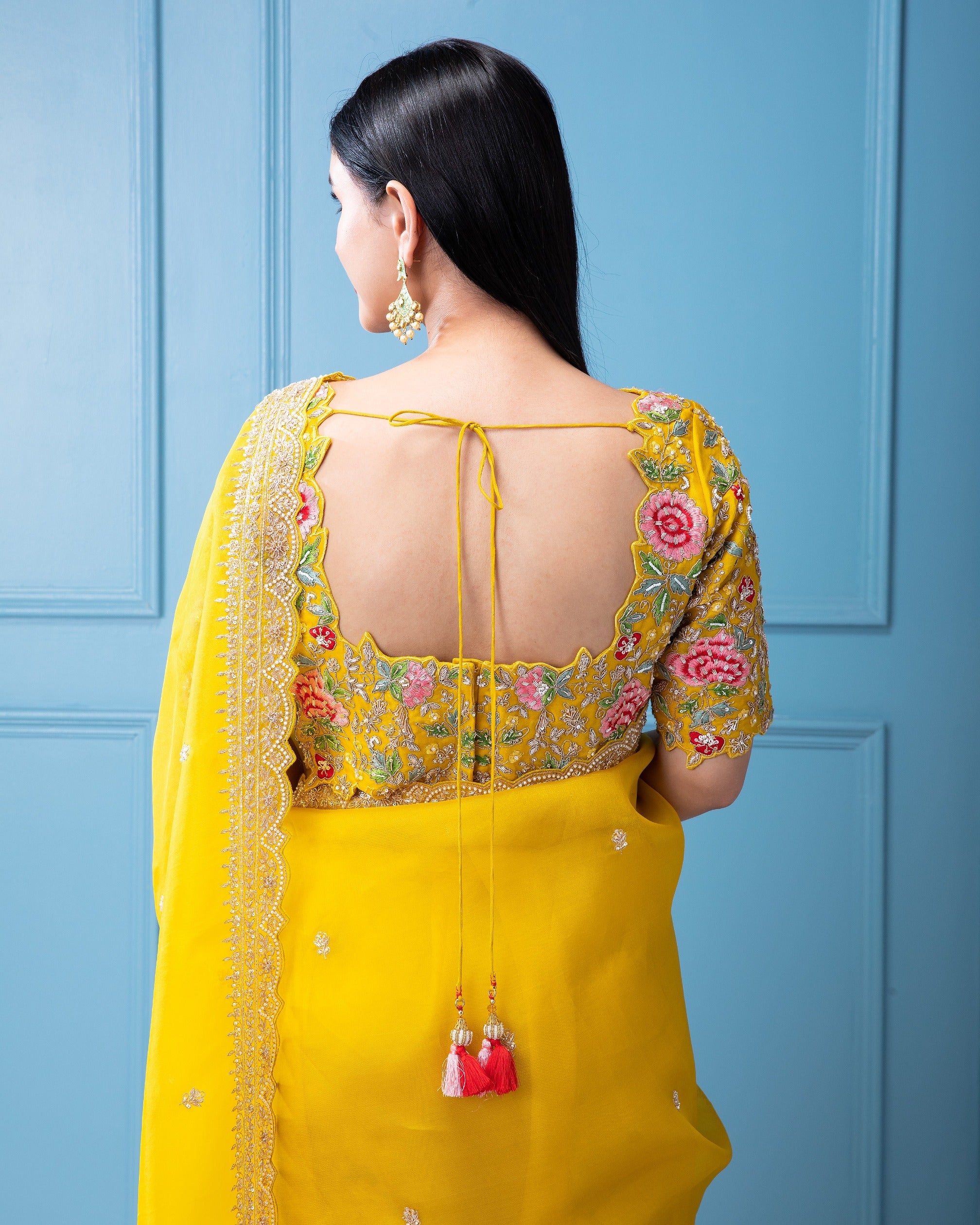 Bright Yellow Organza Saree with Beads, Sequins, and Pearl Motif with Scallop Border - Mokshaa