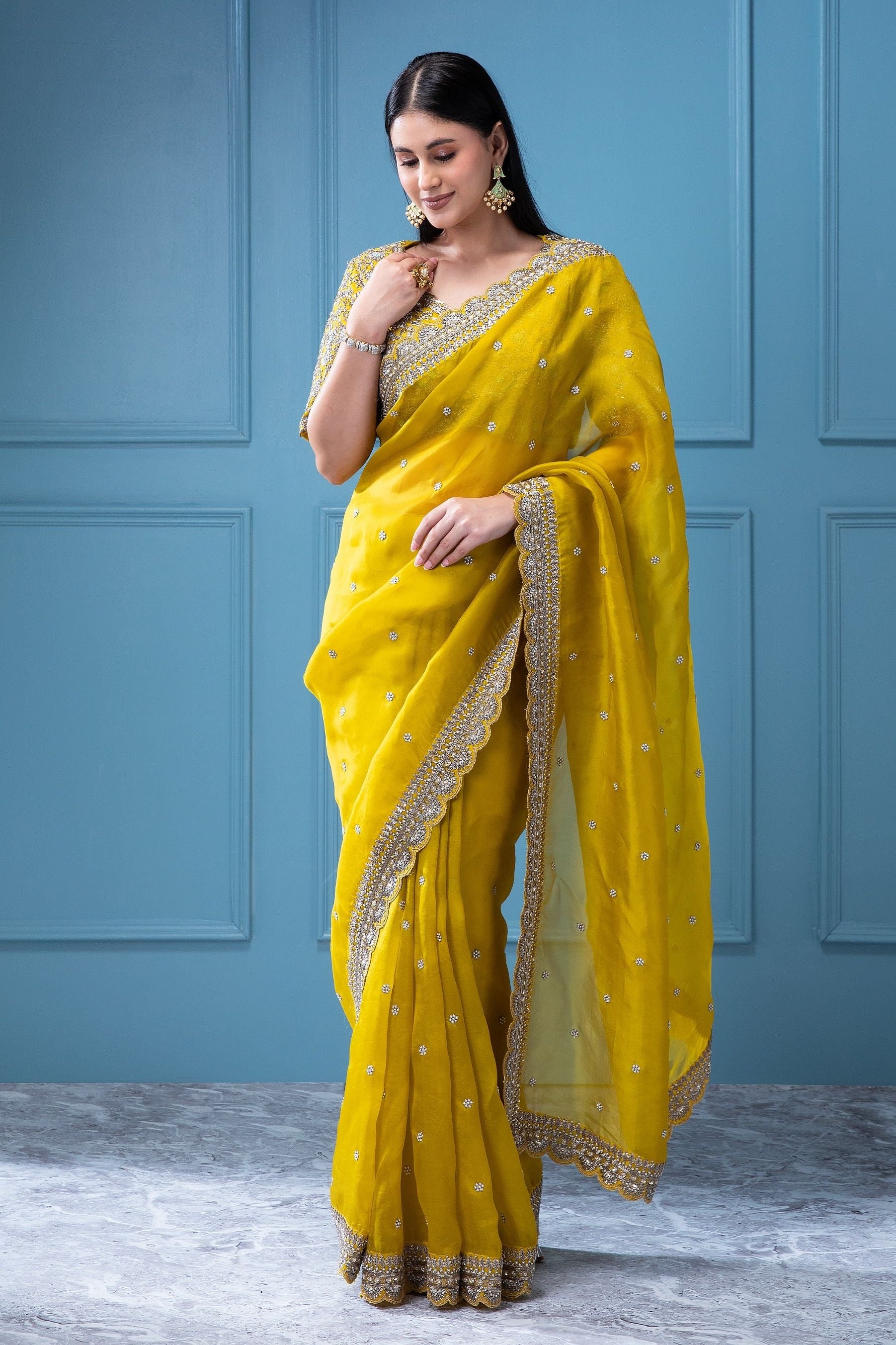 Mustard Yellow Organza Saree with Aari Pearl Work - Mokshaa