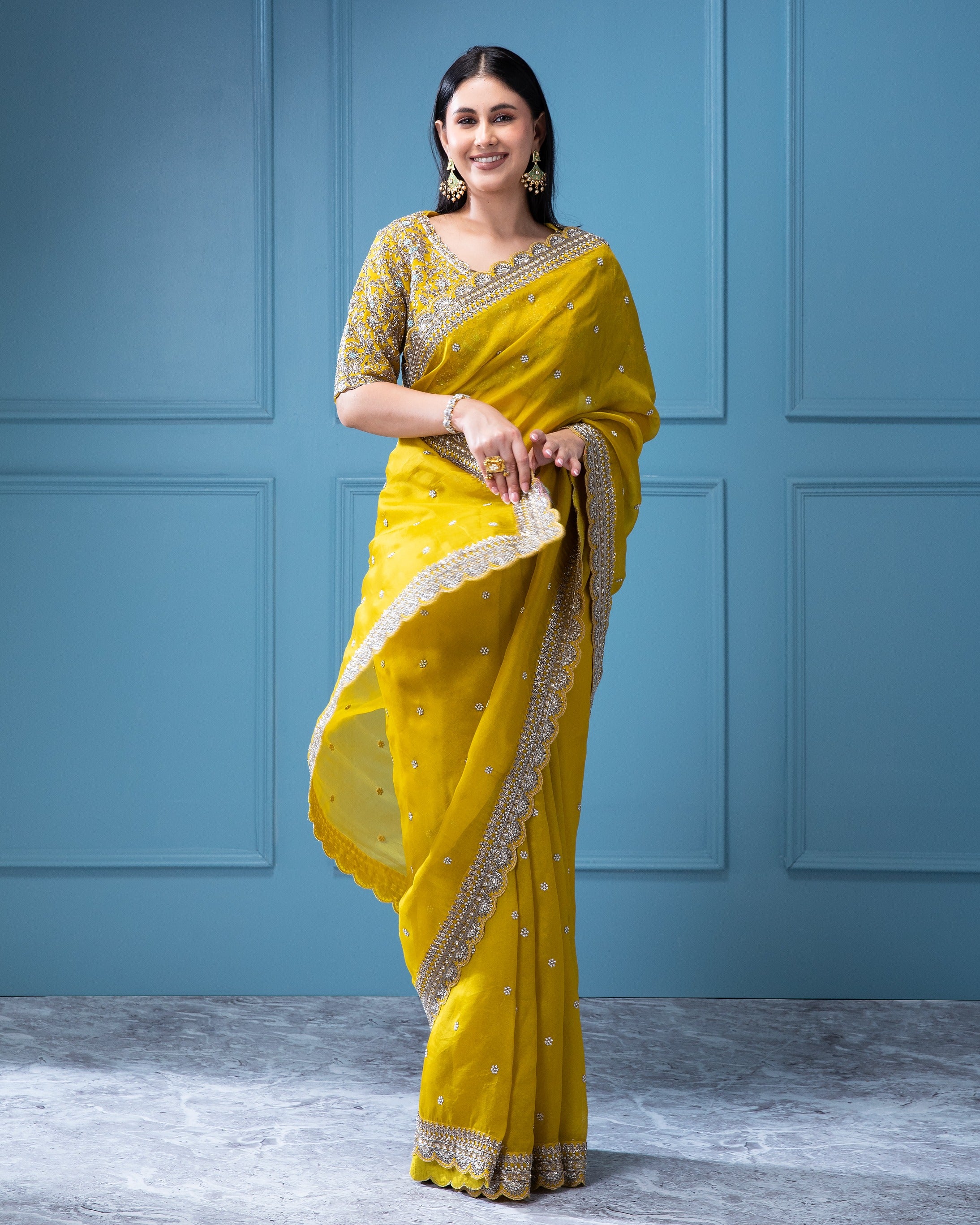 Mustard Yellow Organza Saree with Aari Pearl Work - Mokshaa