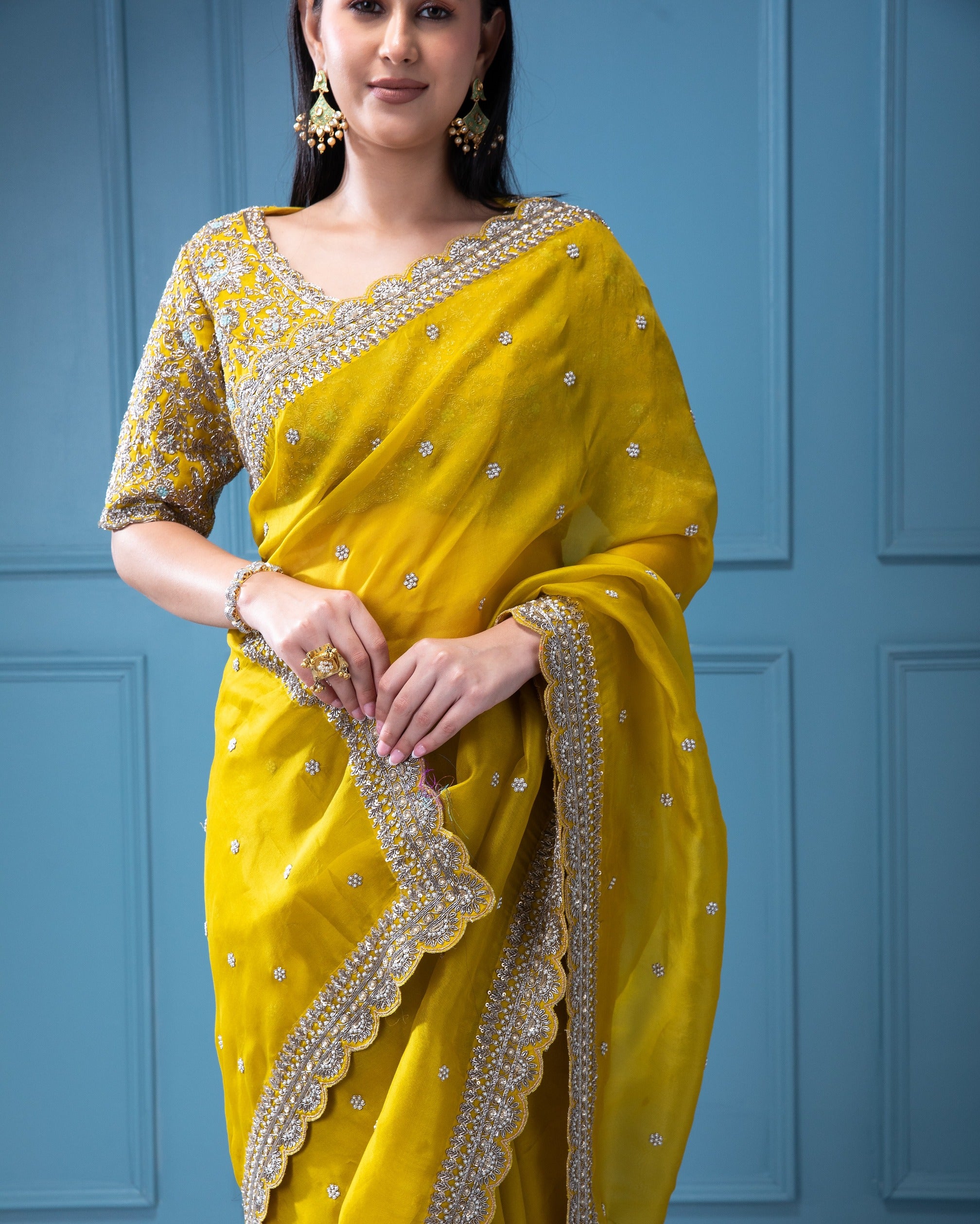 Mustard Yellow Organza Saree with Aari Pearl Work - Mokshaa