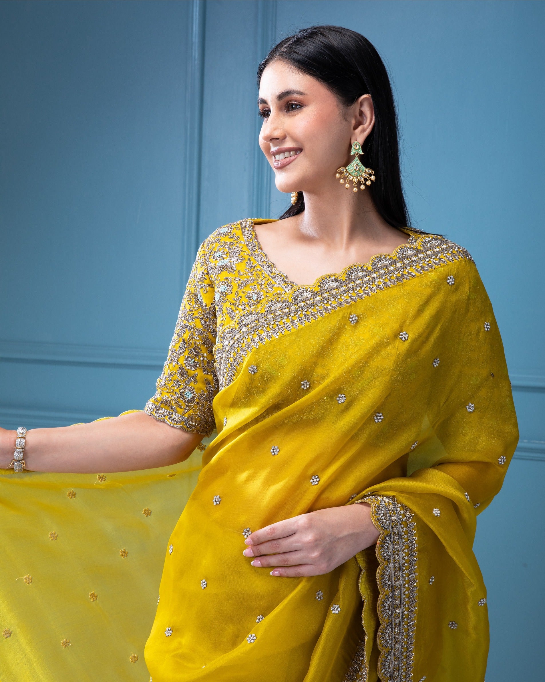 Mustard Yellow Organza Saree with Aari Pearl Work - Mokshaa