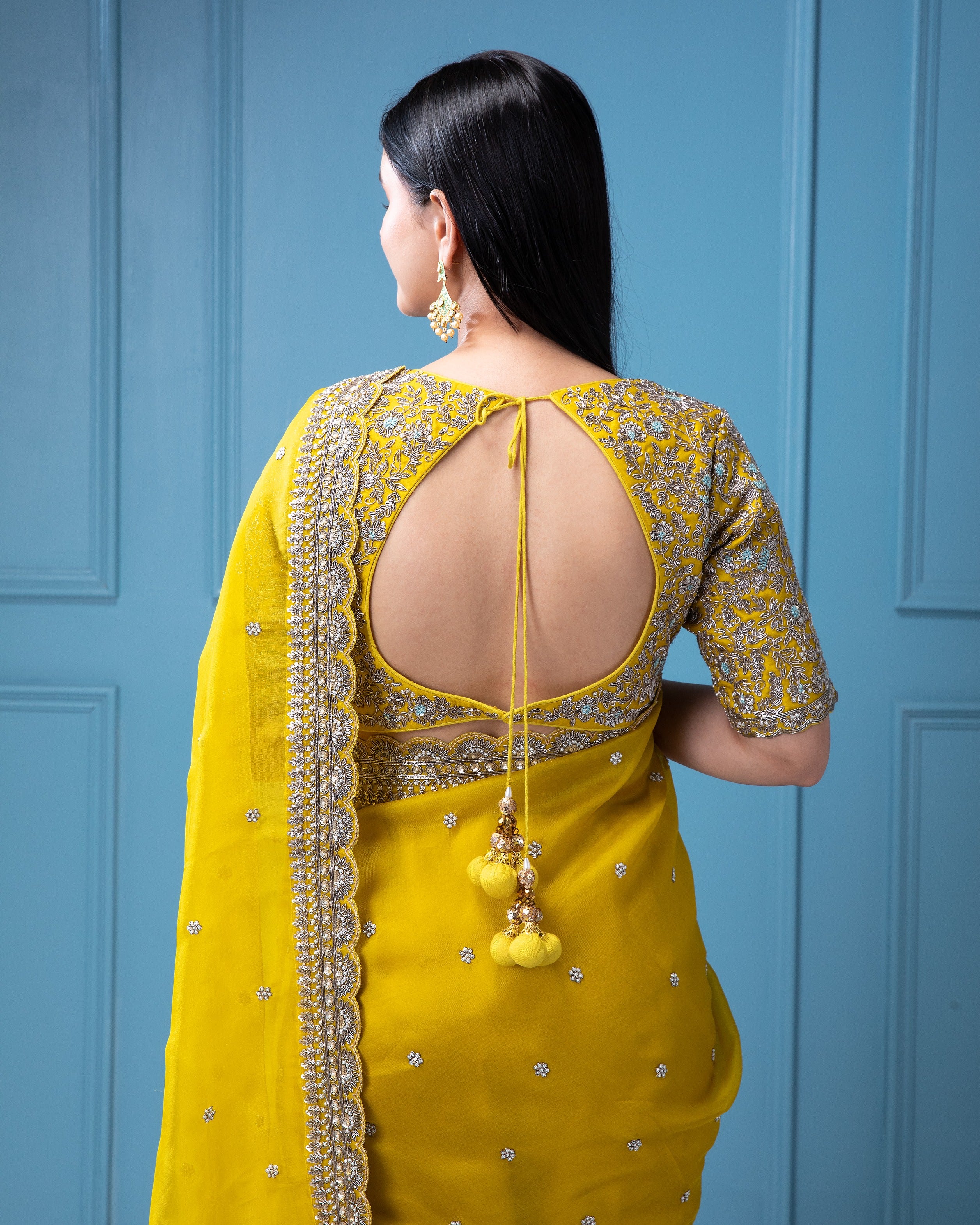 Mustard Yellow Organza Saree with Aari Pearl Work - Mokshaa