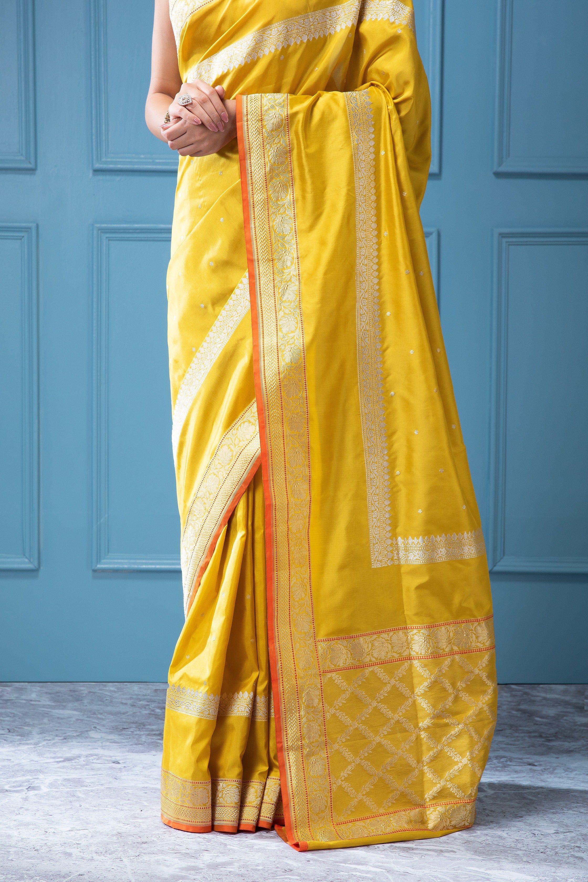 Mustard Yellow Banarasi Silk Saree with Silver Zari Motifs and Weaving - Mokshaa