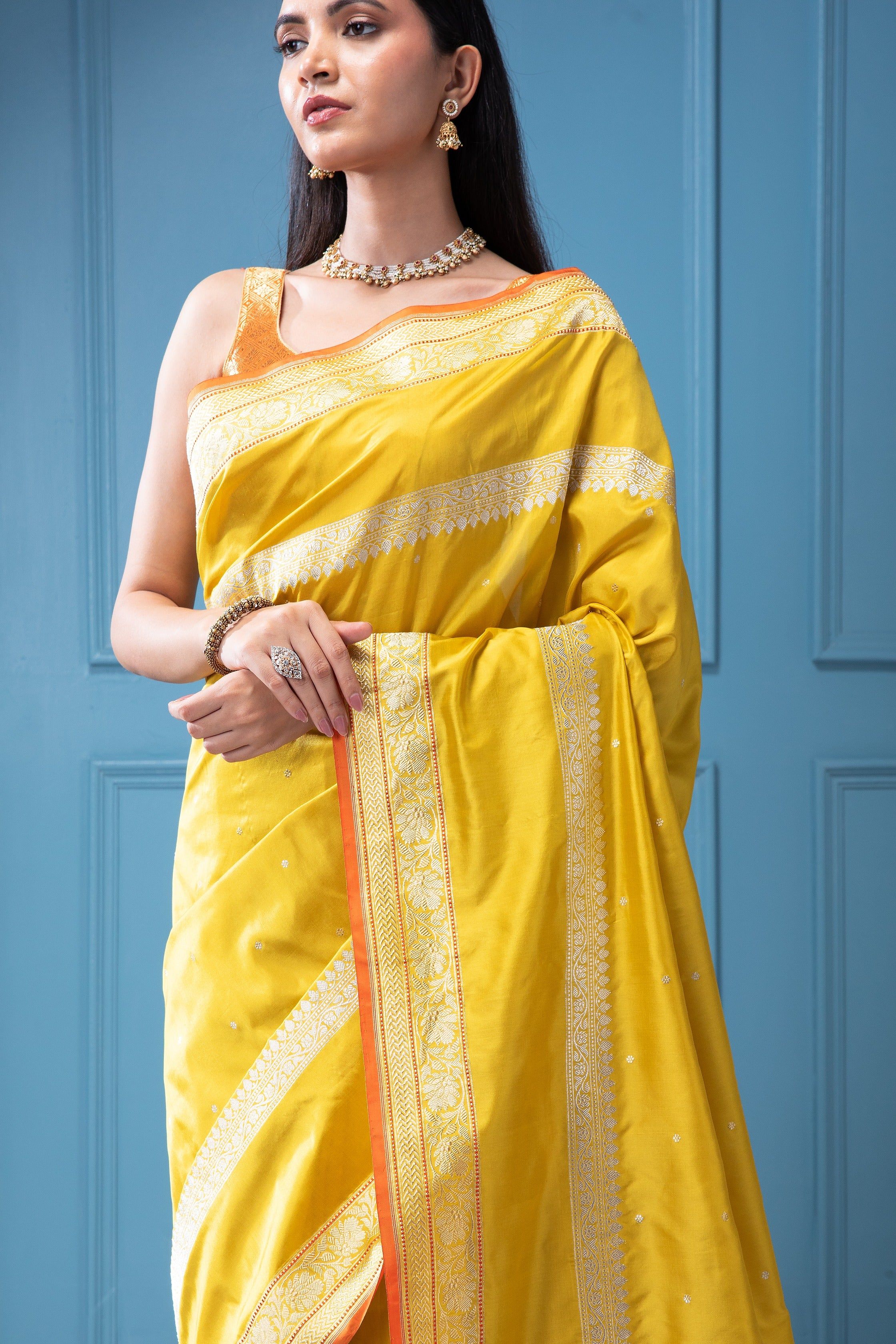 Mustard Yellow Banarasi Silk Saree with Silver Zari Motifs and Weaving - Mokshaa