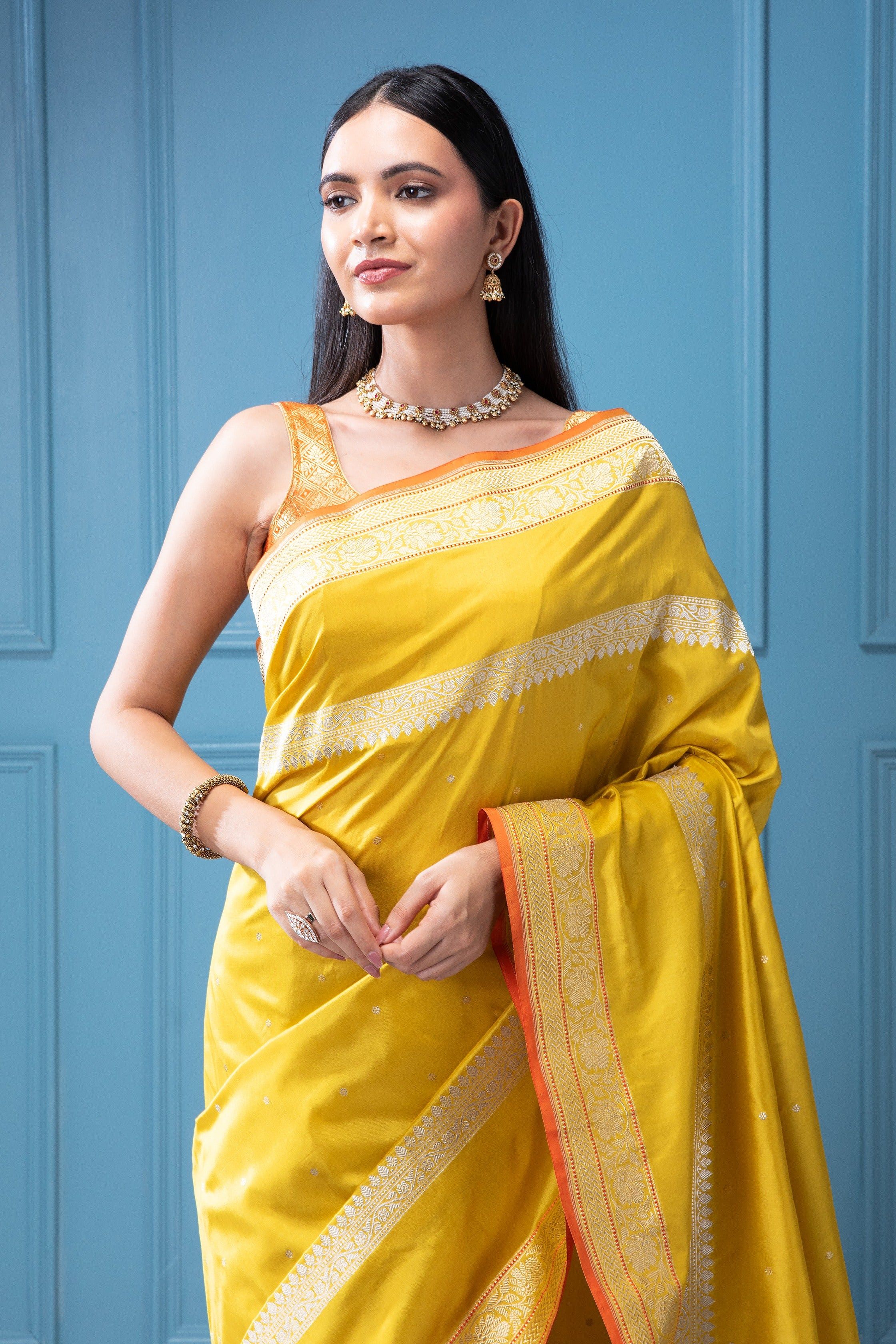 Mustard Yellow Banarasi Silk Saree with Silver Zari Motifs and Weaving - Mokshaa