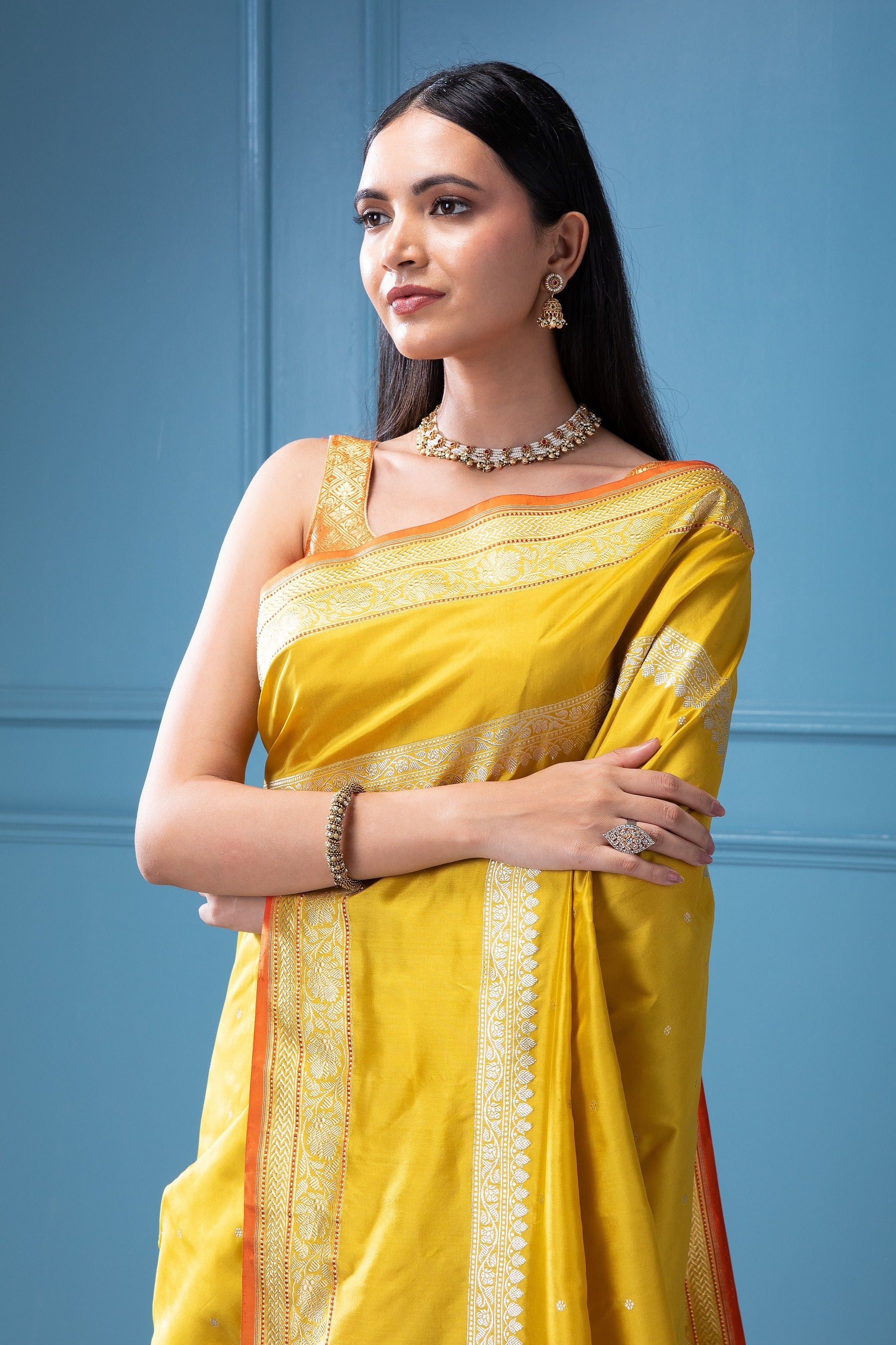 Mustard Yellow Banarasi Silk Saree with Silver Zari Motifs and Weaving - Mokshaa