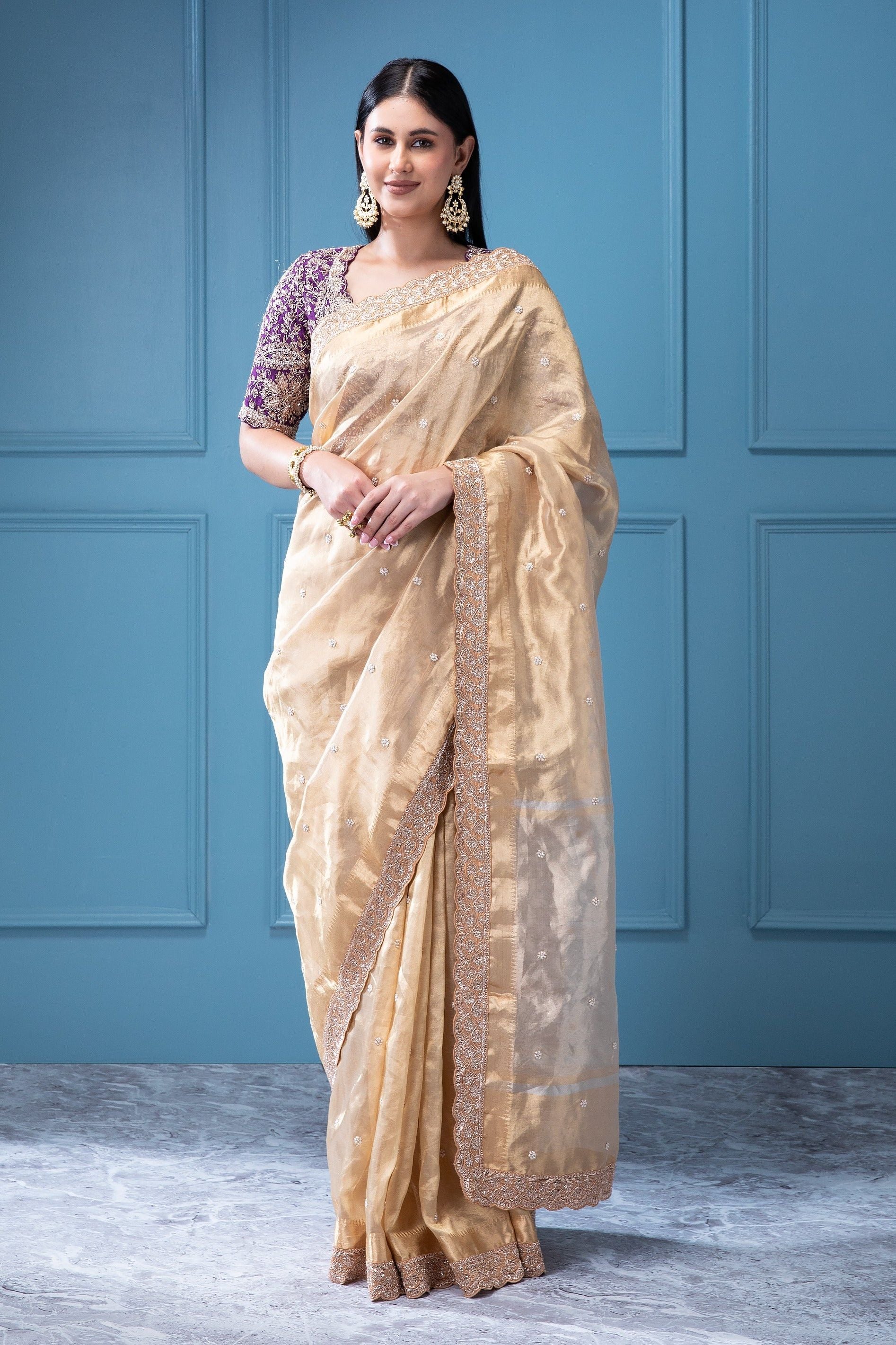 Gold Tissue Saree with Zardosi Work - Mokshaa