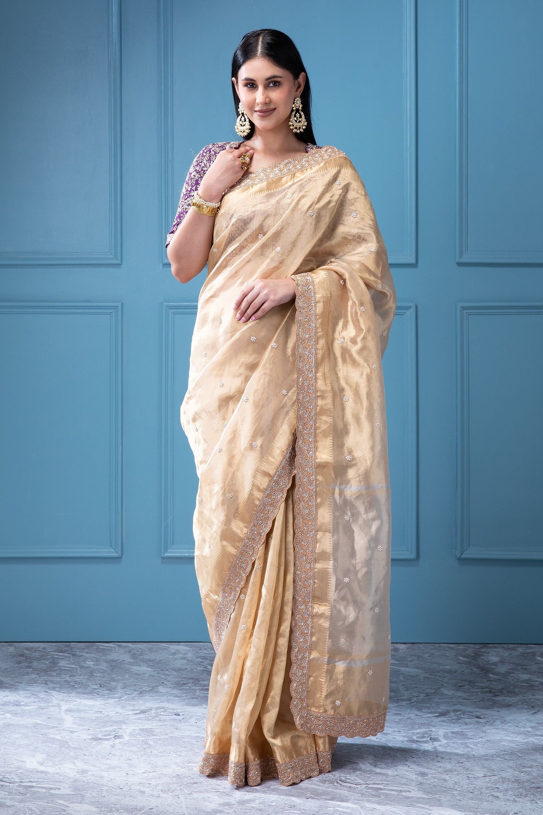 Gold Tissue Saree with Zardosi Work - Mokshaa