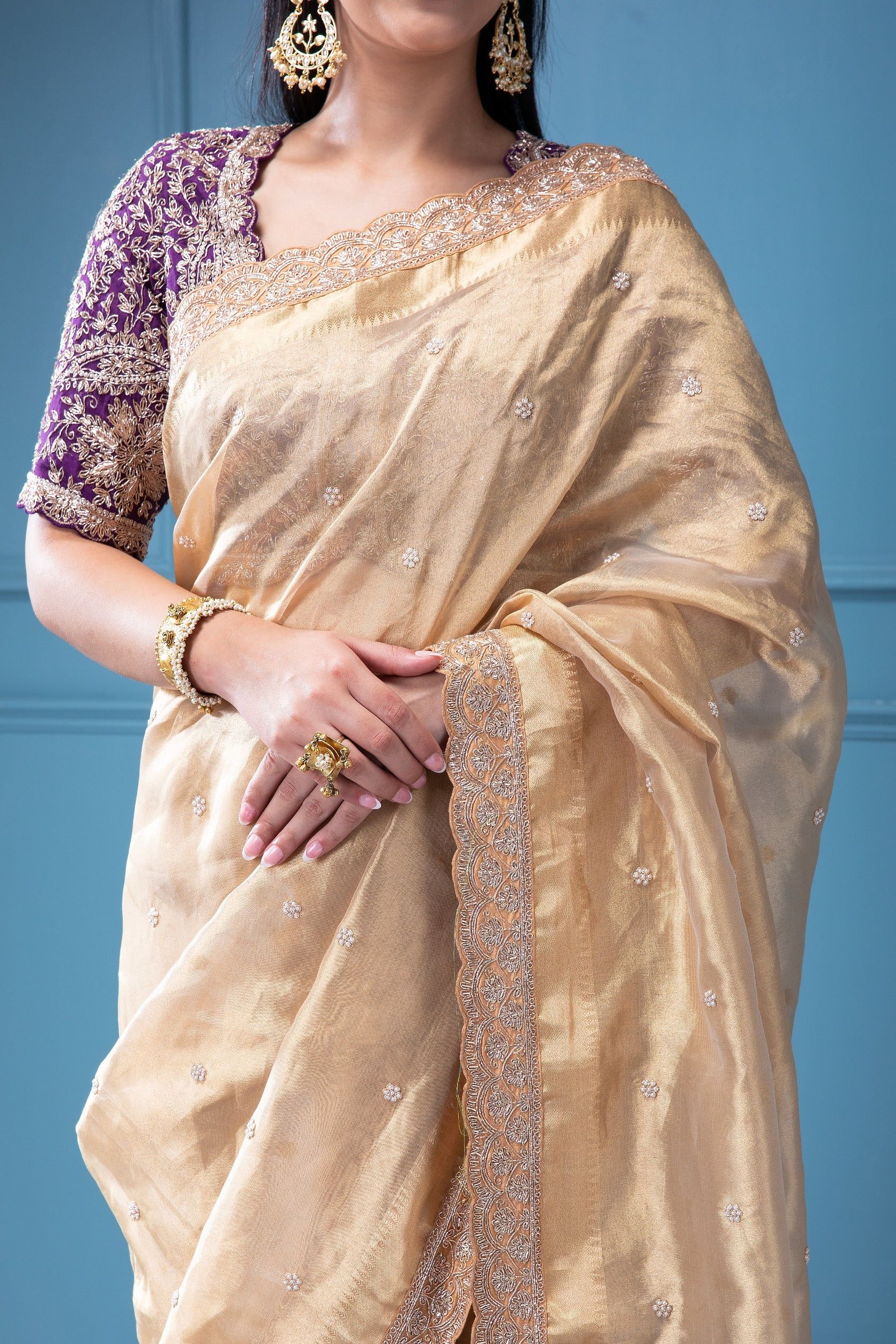 Gold Tissue Saree with Zardosi Work - Mokshaa