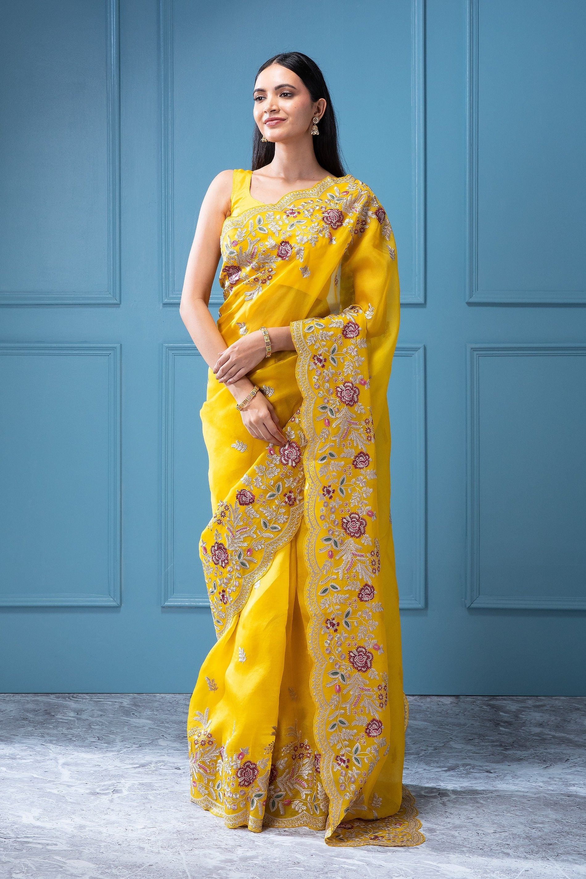 Yellow Organza Saree with Resham and Multi-Thread Embroidery - Mokshaa