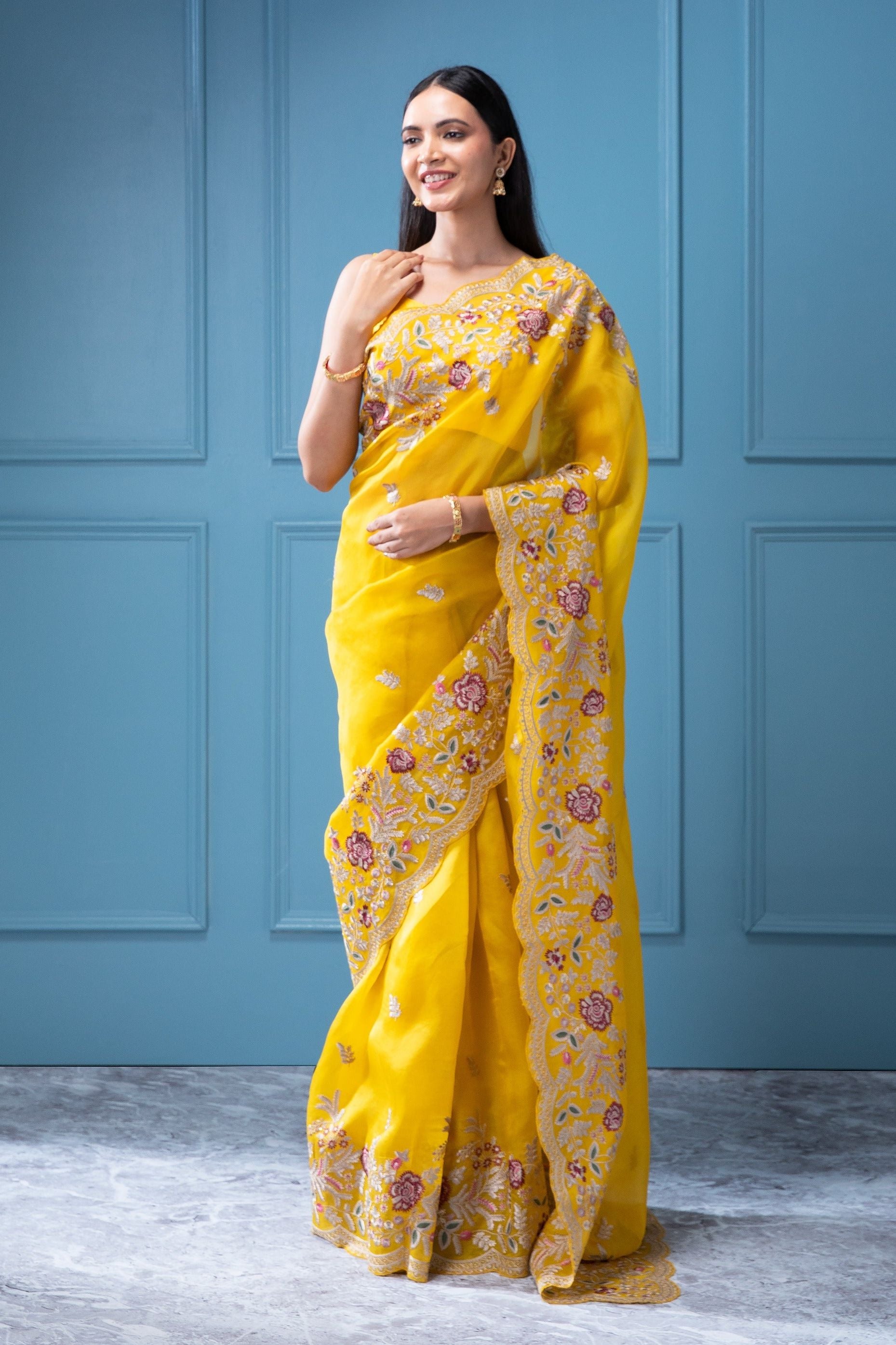 Yellow Organza Saree with Resham and Multi-Thread Embroidery - Mokshaa