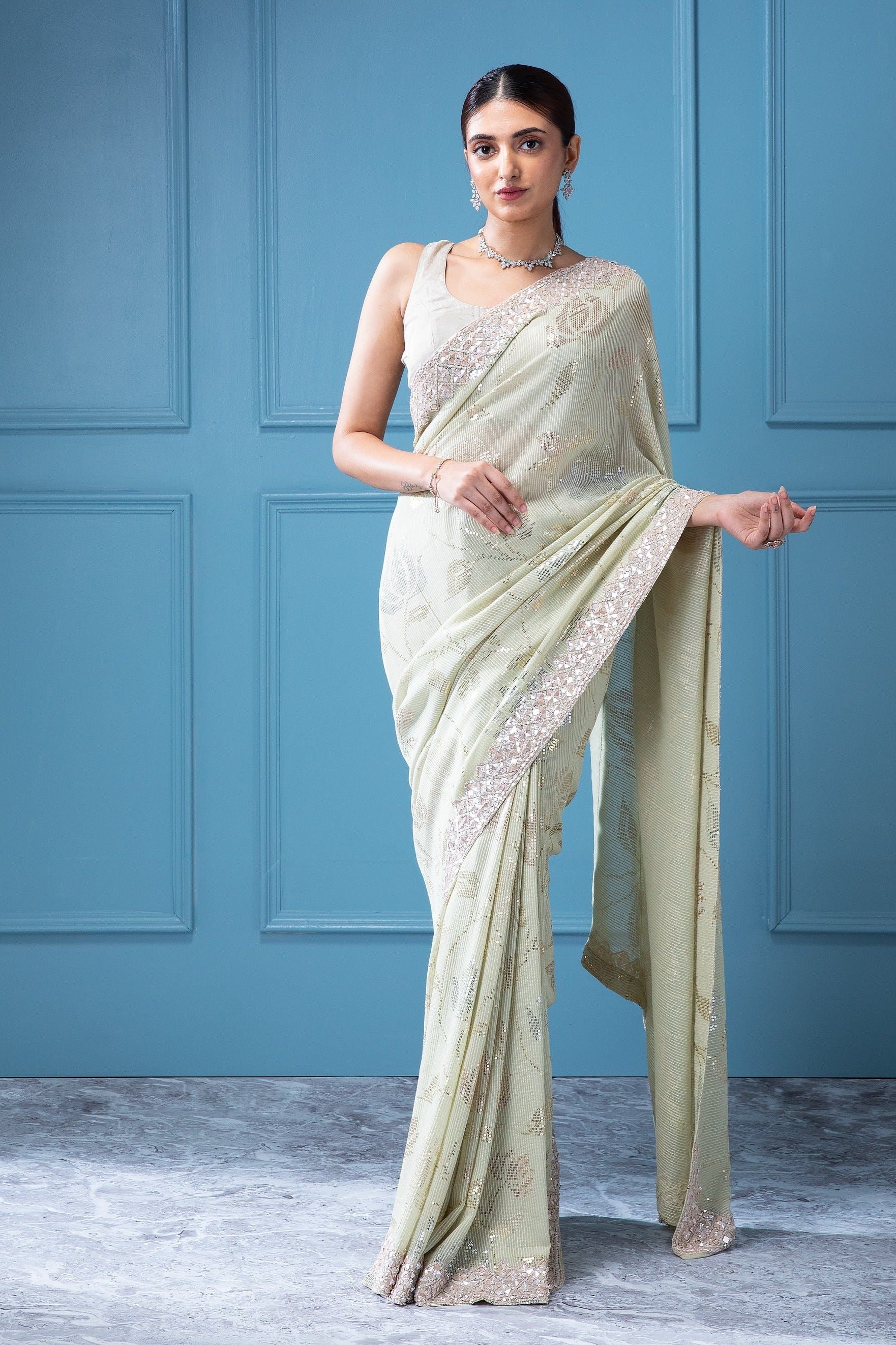 Light Mint Green Georgette Saree with Water Sequins Floral Motif - Mokshaa